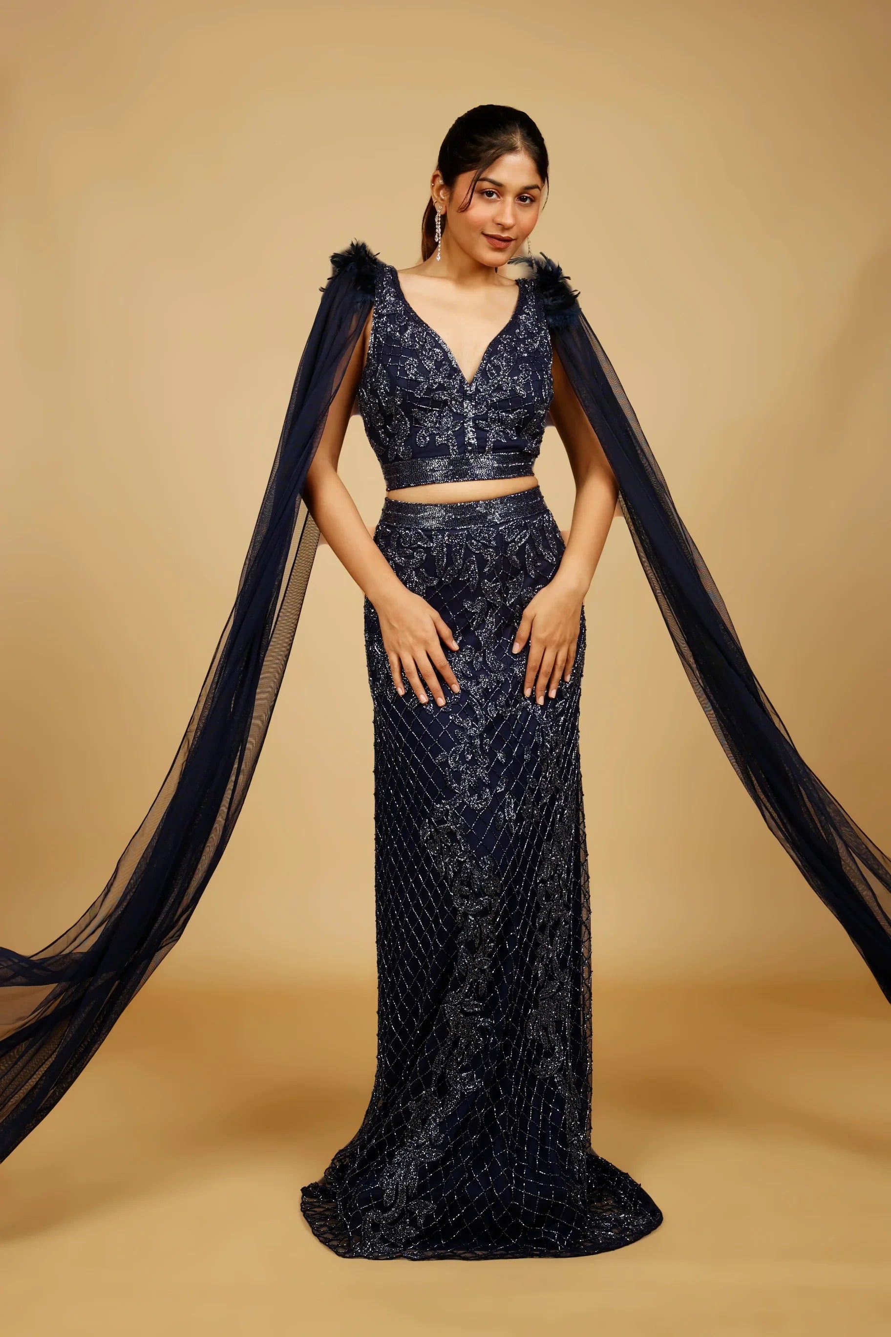 Navy Blue Net Mermaid Skirt Set with Cutdana Embroidery - Mokshaa