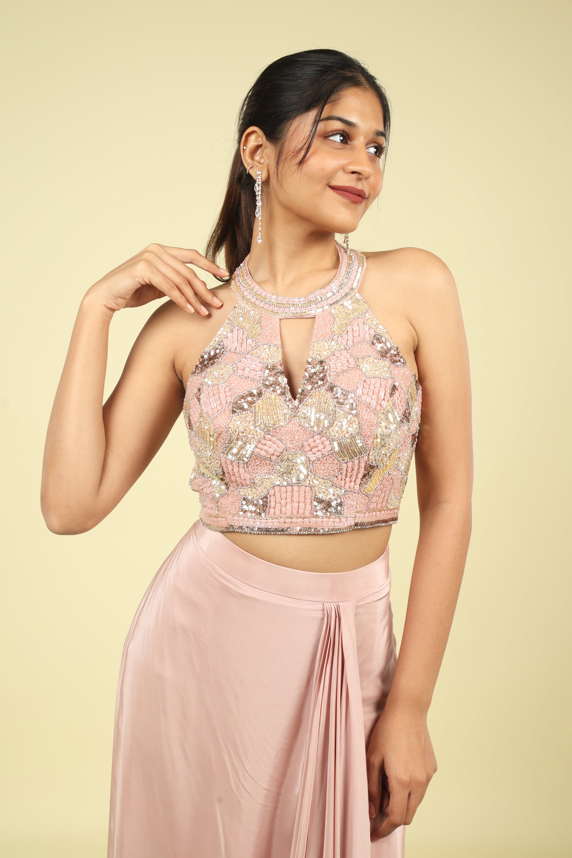 Blush Pink Halter Neck Embellished Drape Skirt Set - Mokshaa