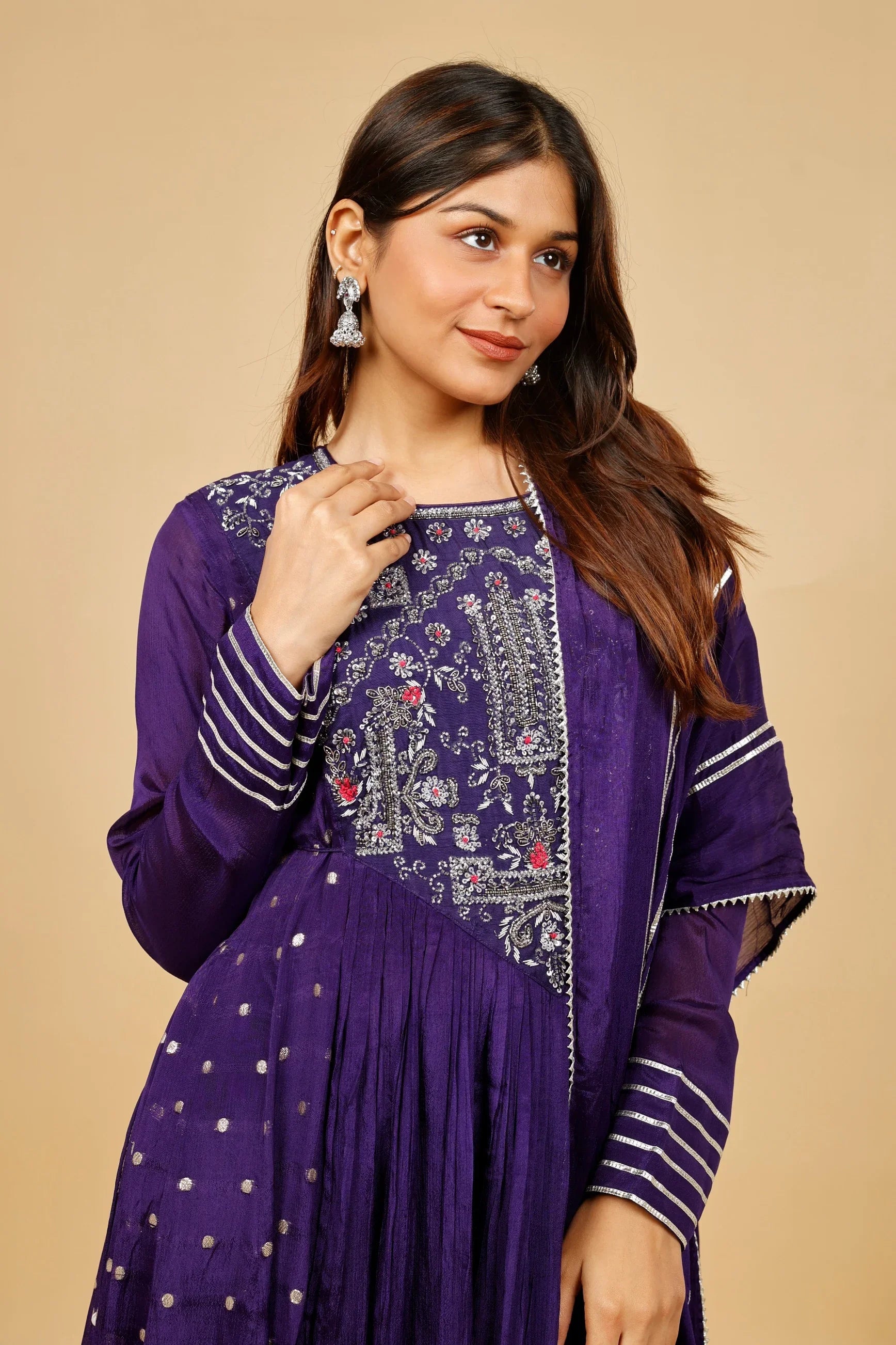 Royal Purple Silk Anarkali Set with Gota & Kutdana Embroidery - Mokshaa