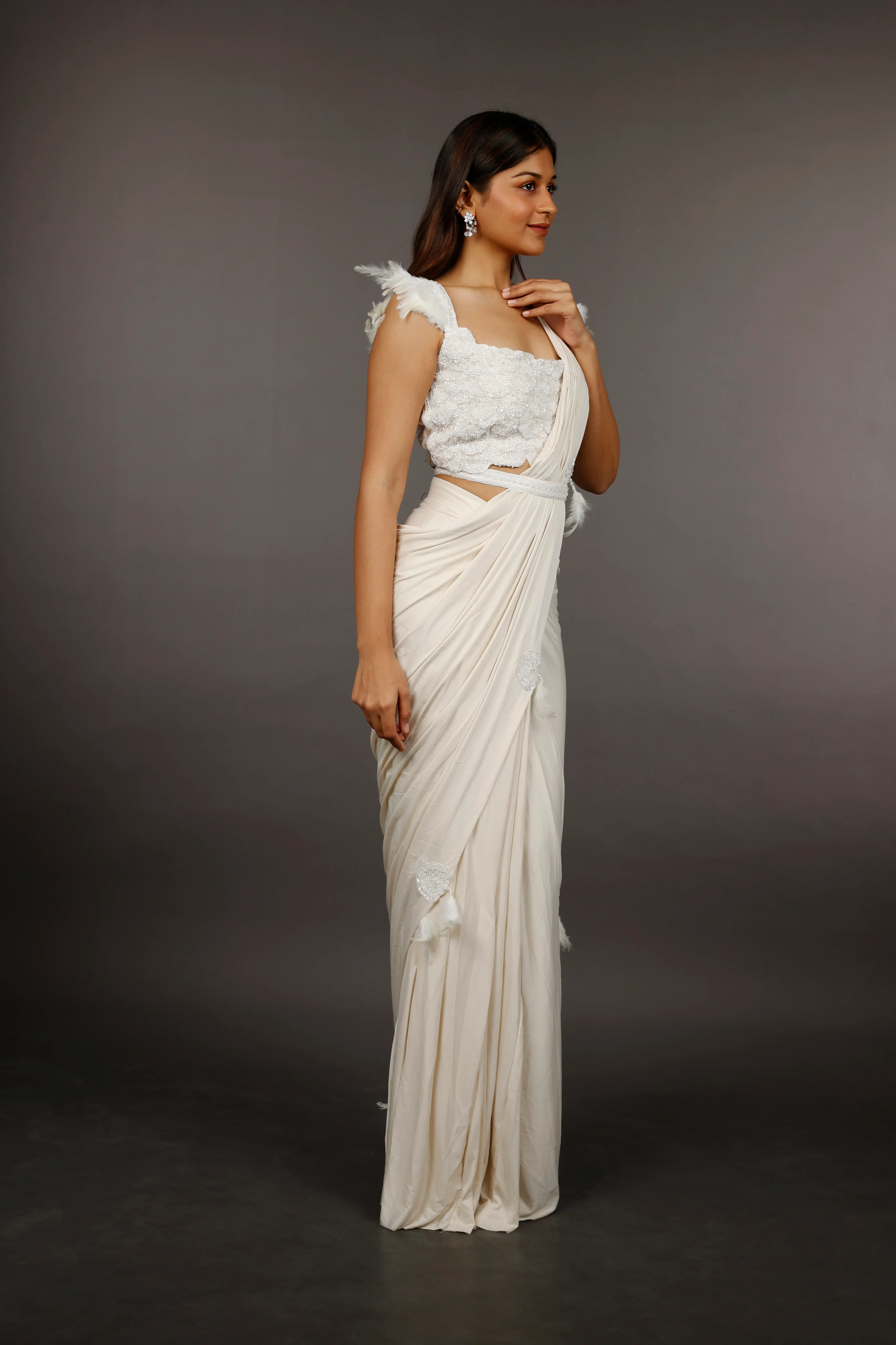 Ivory Lycra Silk Drape Saree with Feather and Pearl Embroidery - Mokshaa