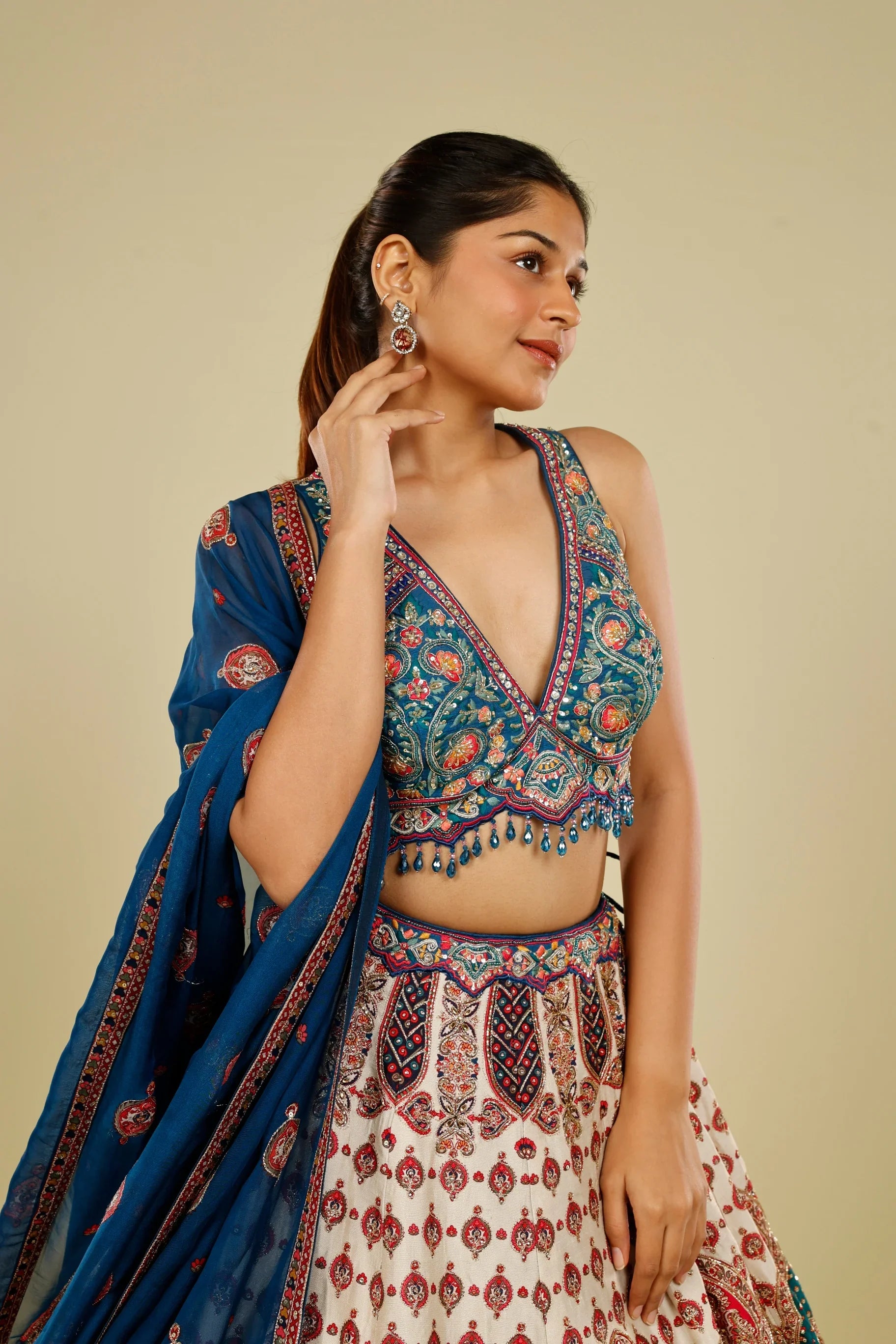 Blue Multicolour Printed Silk Lehenga Set with Zari, Sequin & Cutdana Highlights - Mokshaa