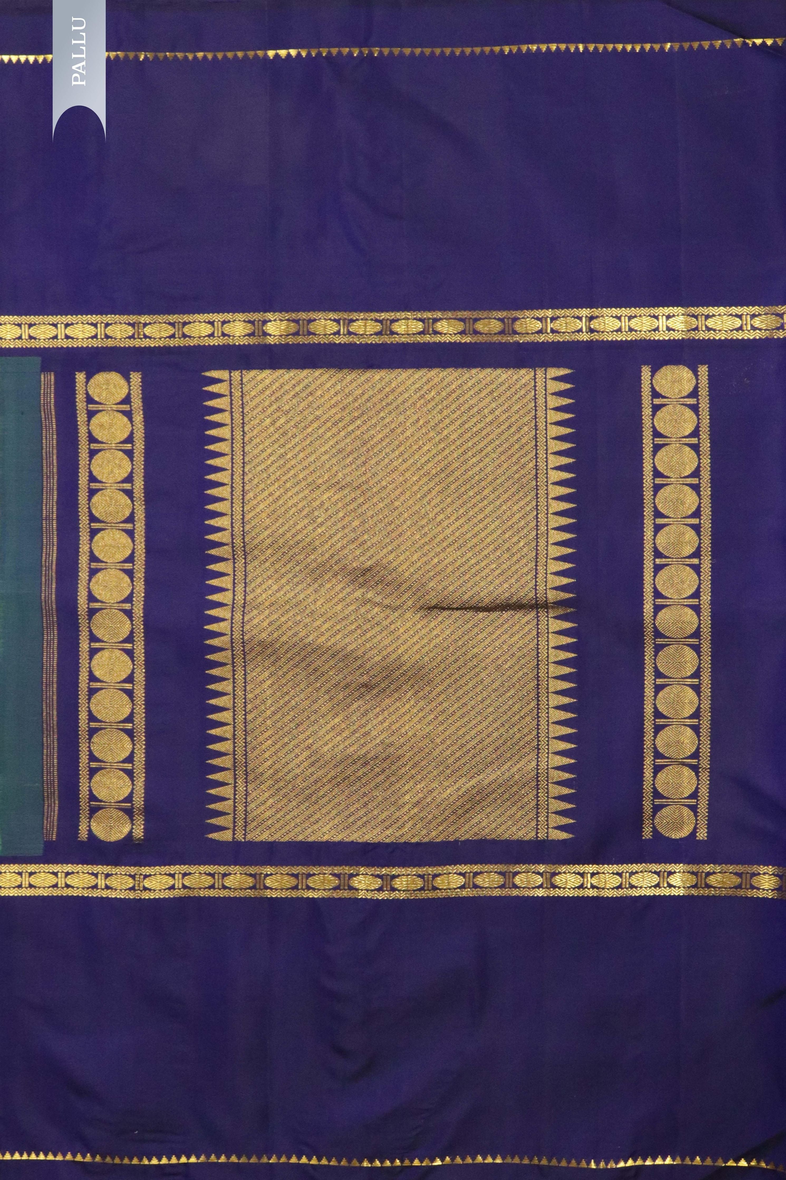 Green & Blue Kanchipuram Silk Saree with Vertical Zari Lines & Rudraksha Border - Mokshaa