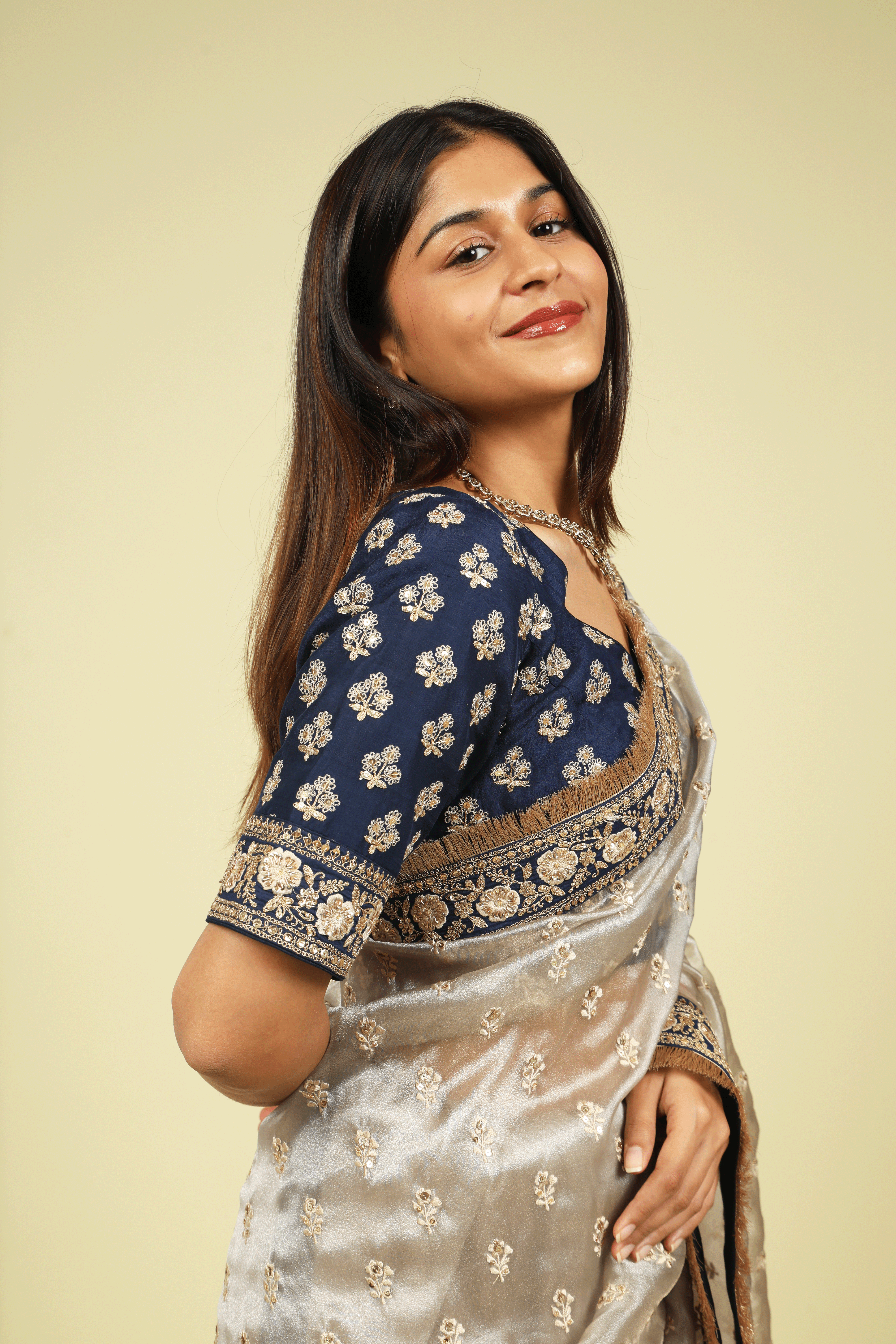 Silver Tissue Saree with Thread Motifs, Sequin Highlights & Contrast Embroidered Border - Mokshaa