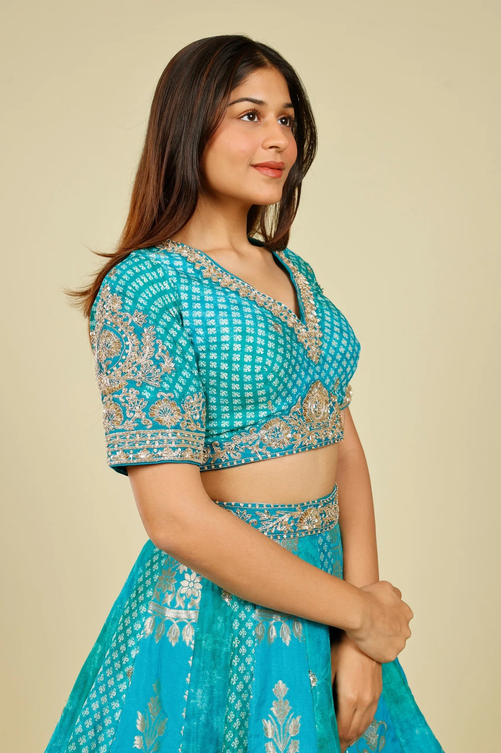 Teal Banarasi Printed Lehenga Set with Zari, Zardozi & Sequin Embroidery - Mokshaa