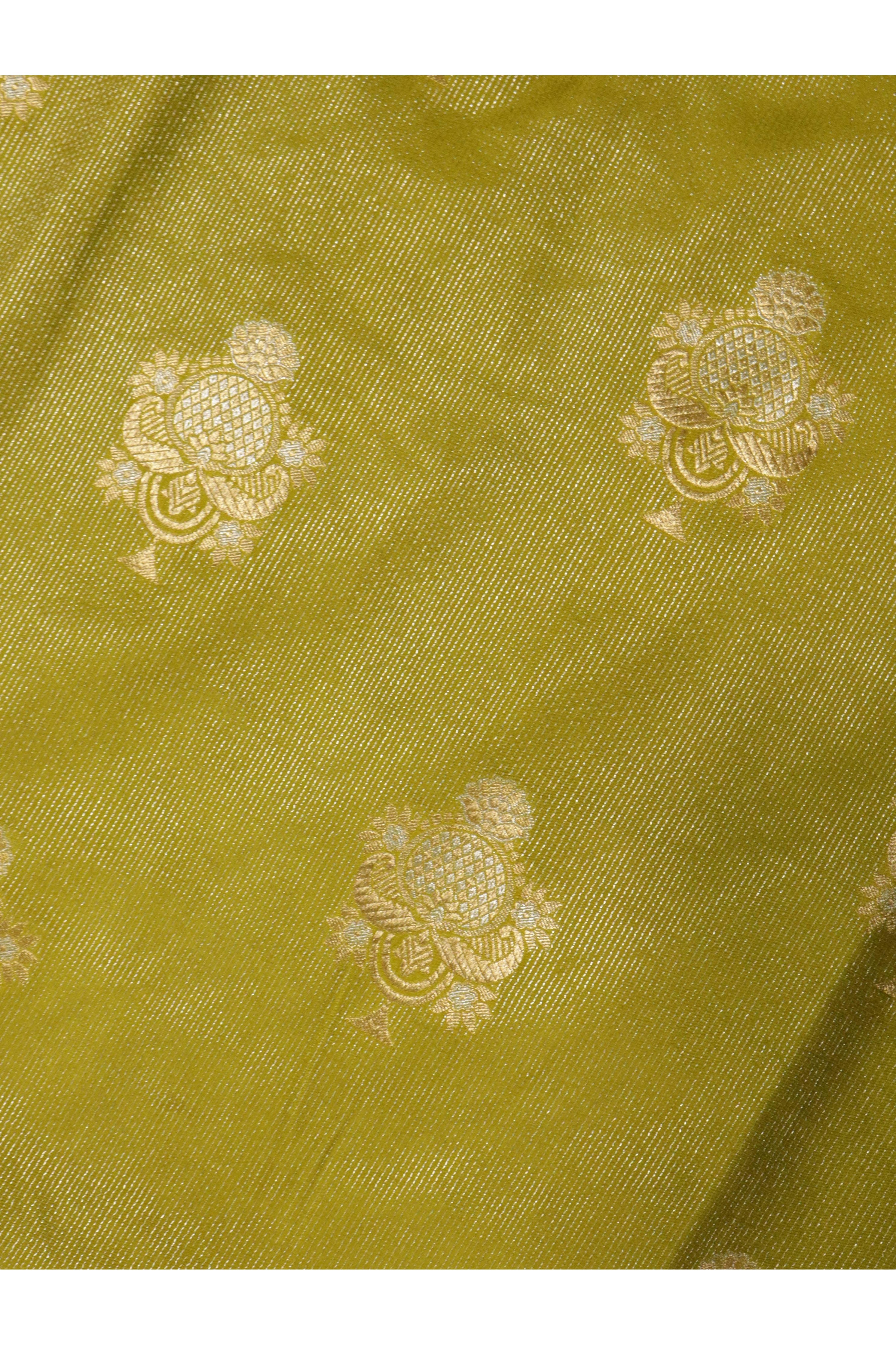 Parrot Green Banarasi Mushroom Silk Saree with Silver Zari Weaving & Gold Zari Butta - Mokshaa