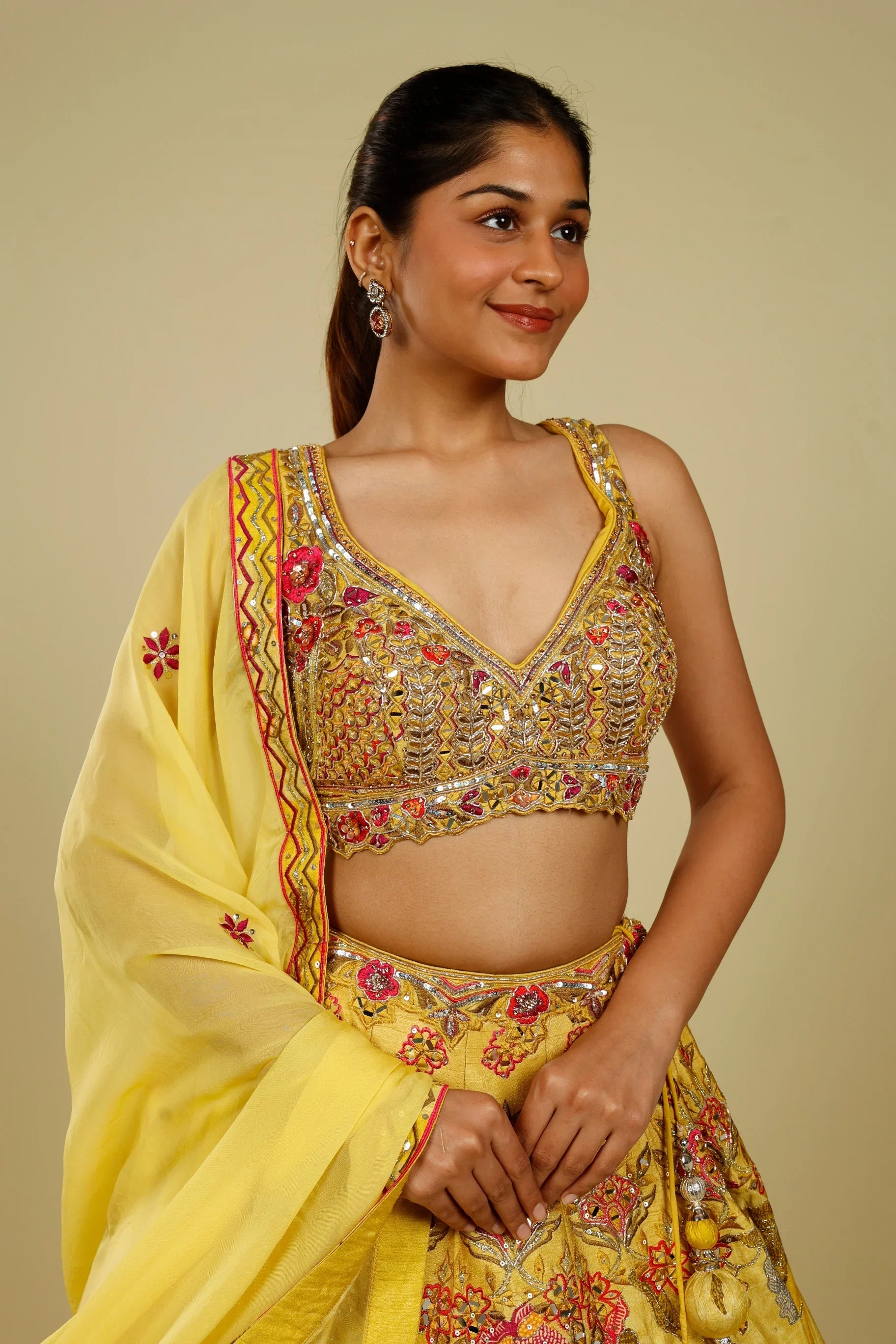Yellow Silk Printed Lehenga Set with Thread, Mirror & Zari Embroidery - Mokshaa