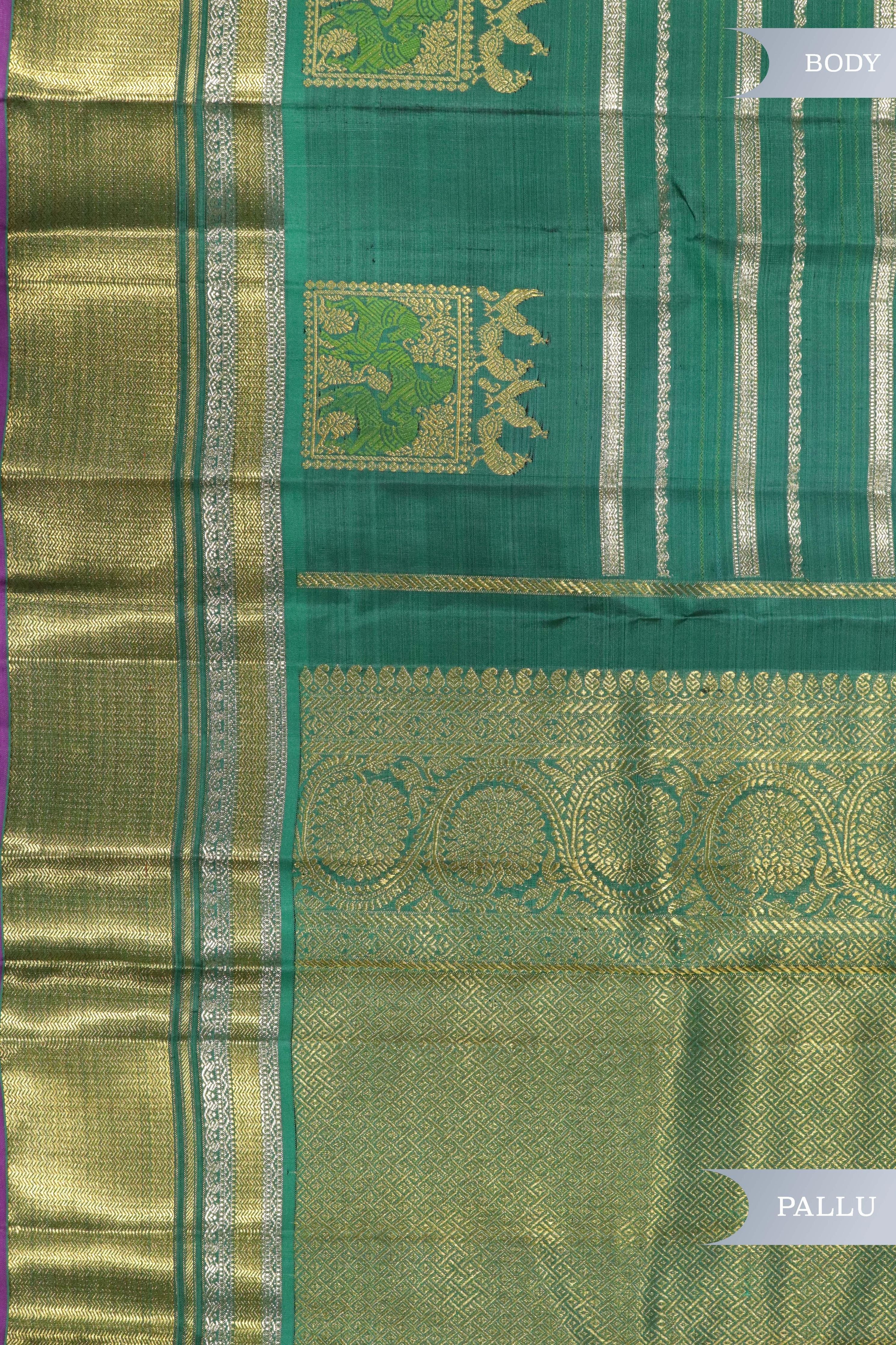 Teal Blue Kanchipuram Silk Saree with Silver Zari Stripes and Zari Border - Mokshaa