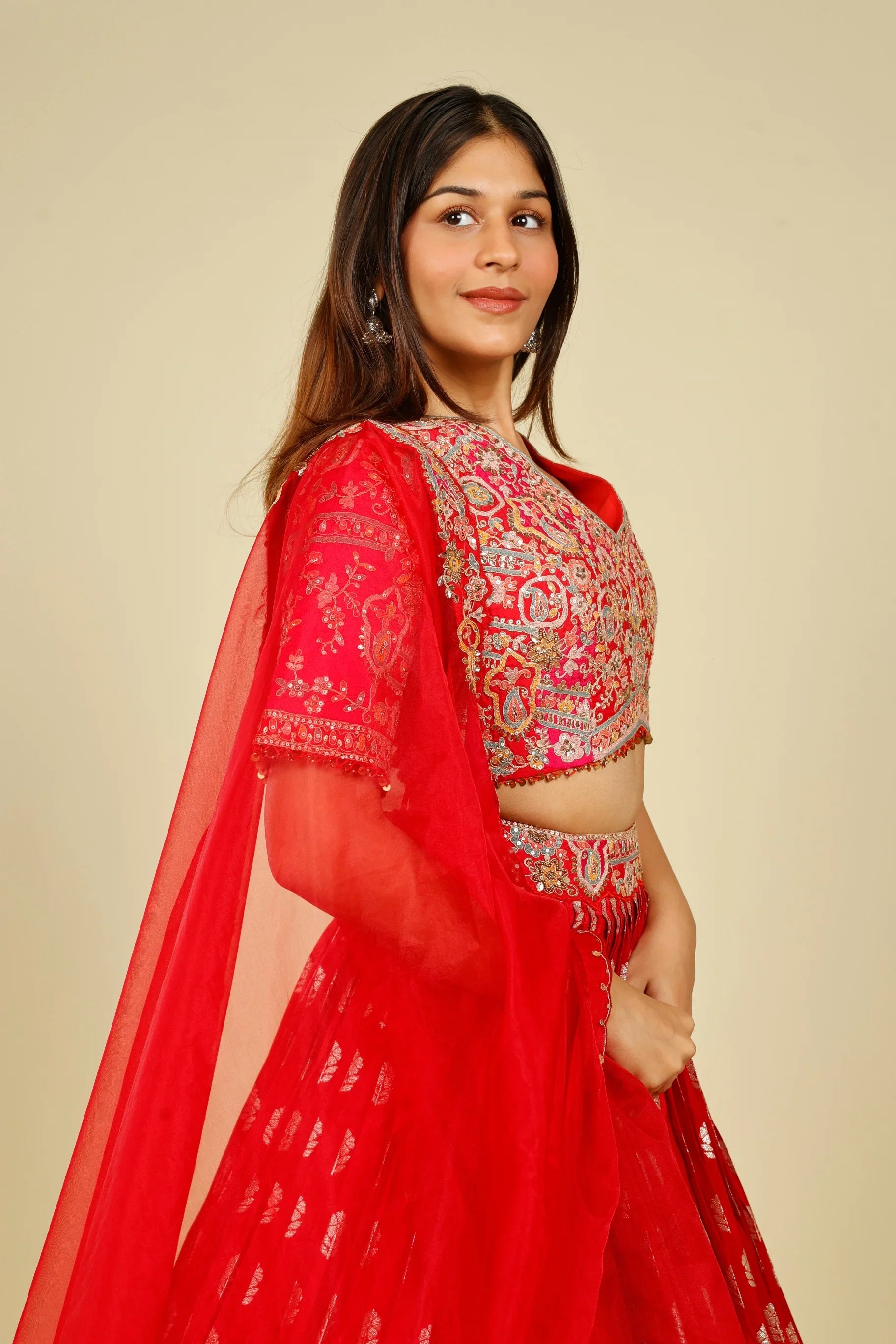 Red & Pink Banarasi Silk Lehenga Set with Zari & Sequin Embroidery - Mokshaa