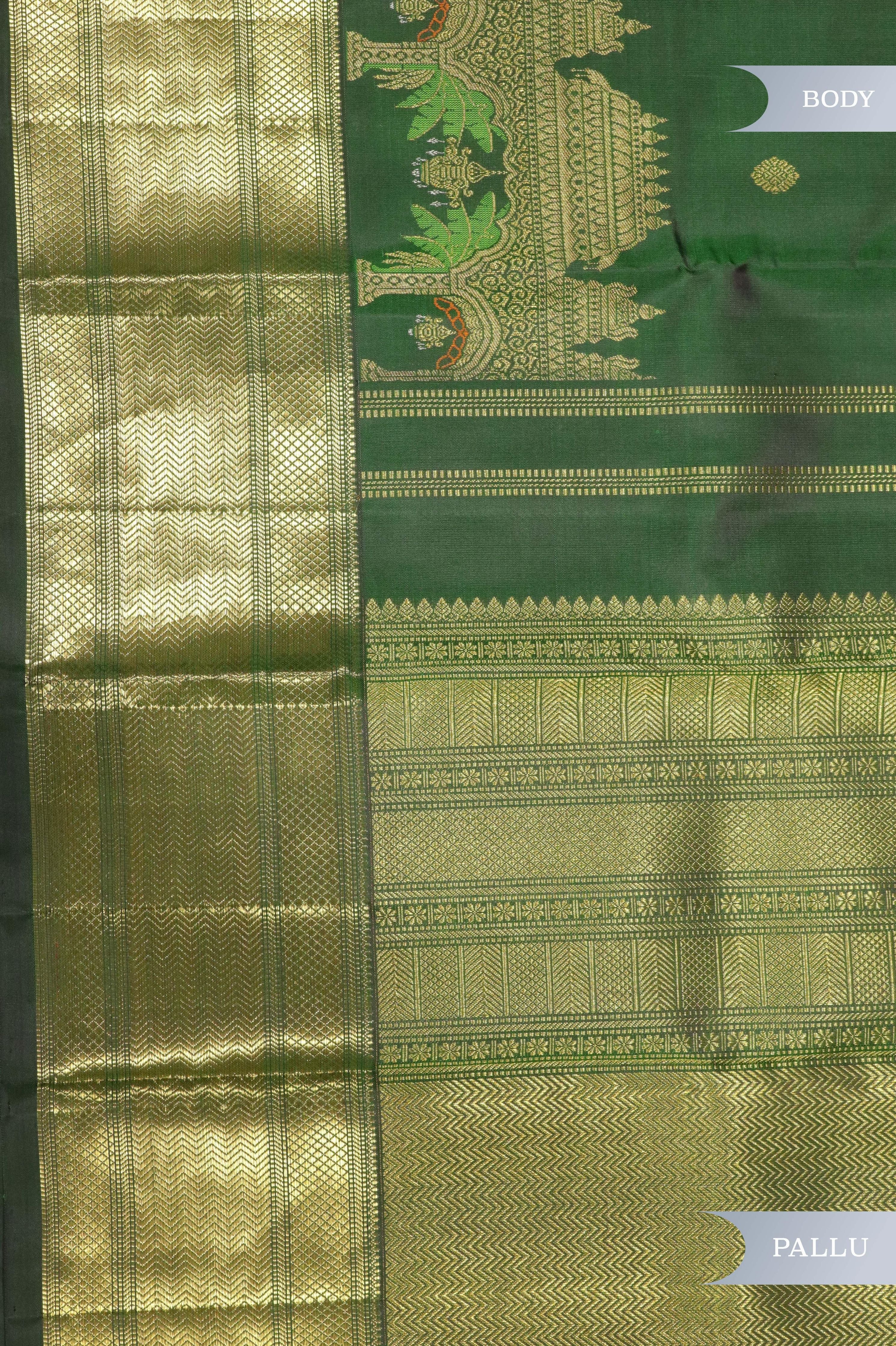 Bottle Green Kanchipuram Silk Saree with Thread Meenakari Motifs and Long Zari Border - Mokshaa