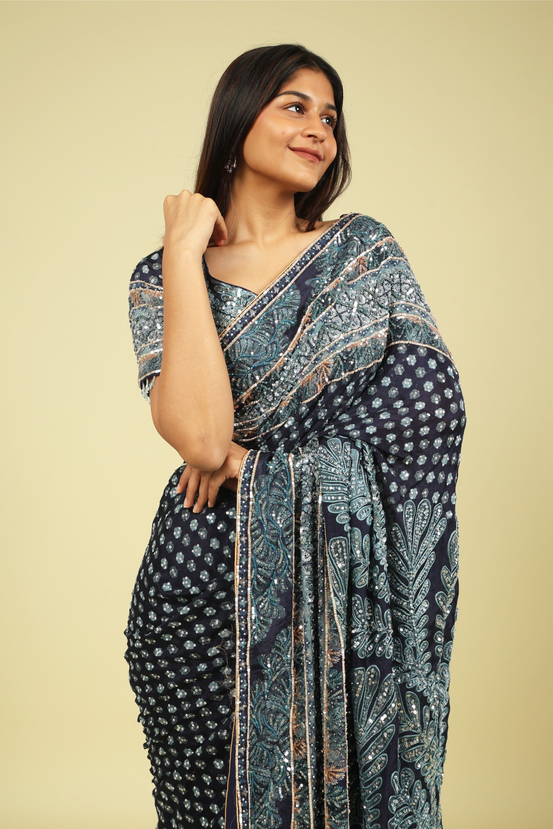 Dark Blue Soft Georgette Saree with All-Over Fancy Sequin Highlights - Mokshaa