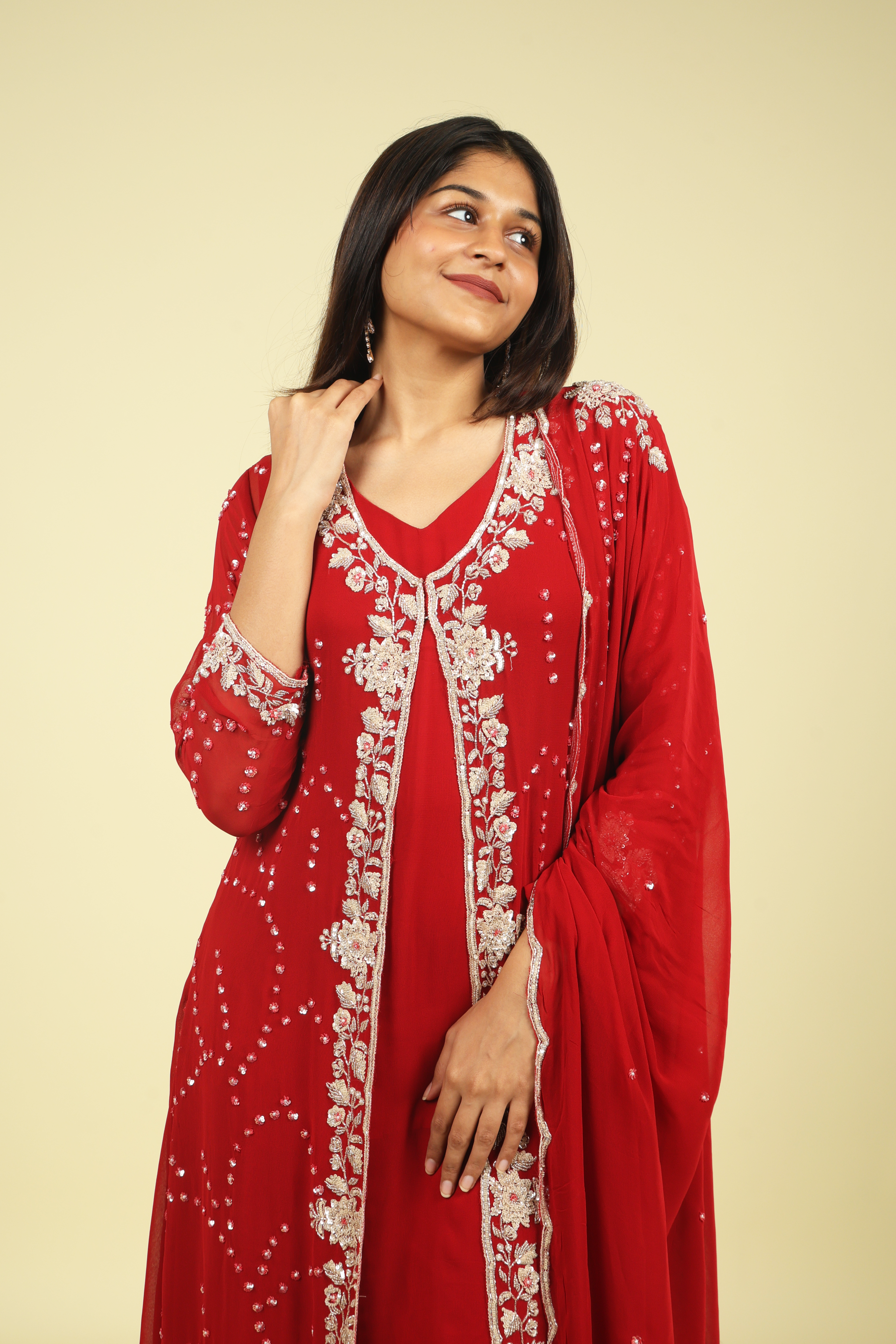 Red Georgette Anarkali Cape Set with Sequin, Cutdana & Pearl Embroidery - Mokshaa
