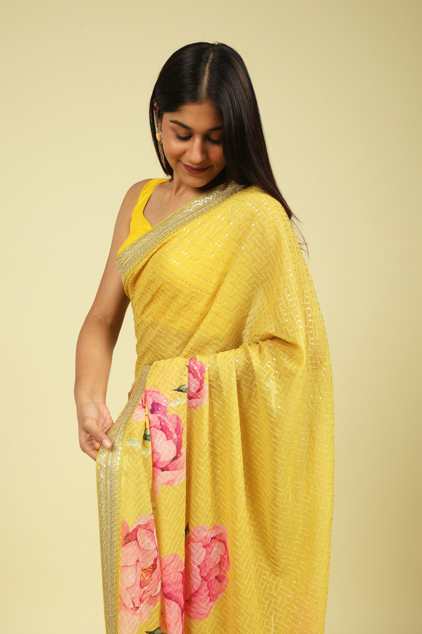 Lime Yellow Georgette Saree with Thread & Sequin Work and Digital Print Border - Mokshaa