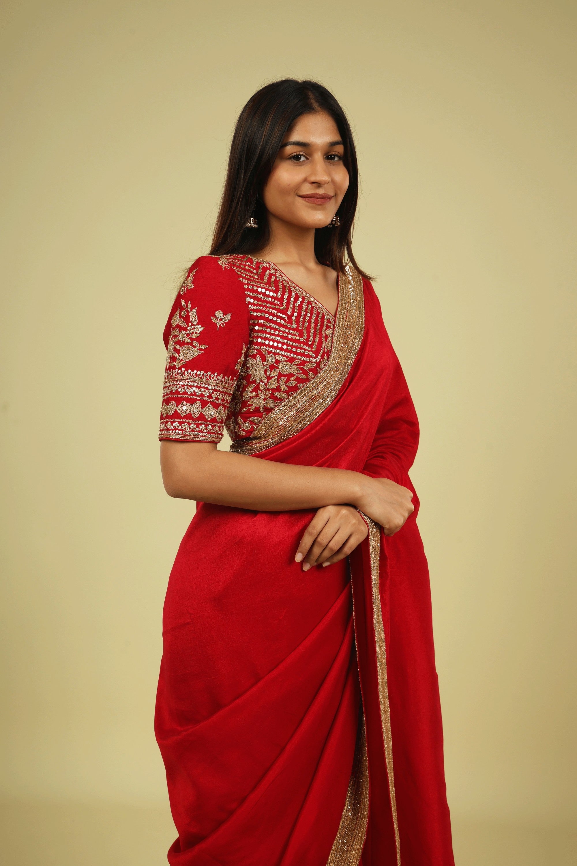 Red Tussar Georgette Saree with Bead & Sequin Border - Mokshaa