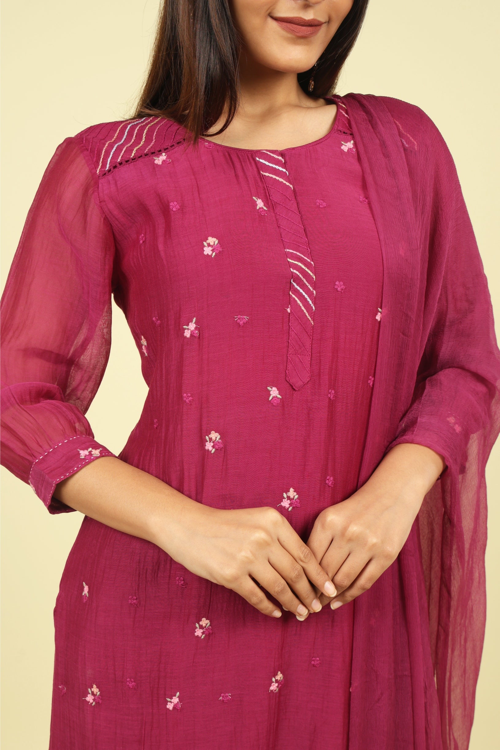 Magenta Mul Chanderi Straight Cut Salwar Set with Chiffon Dupatta - Mokshaa
