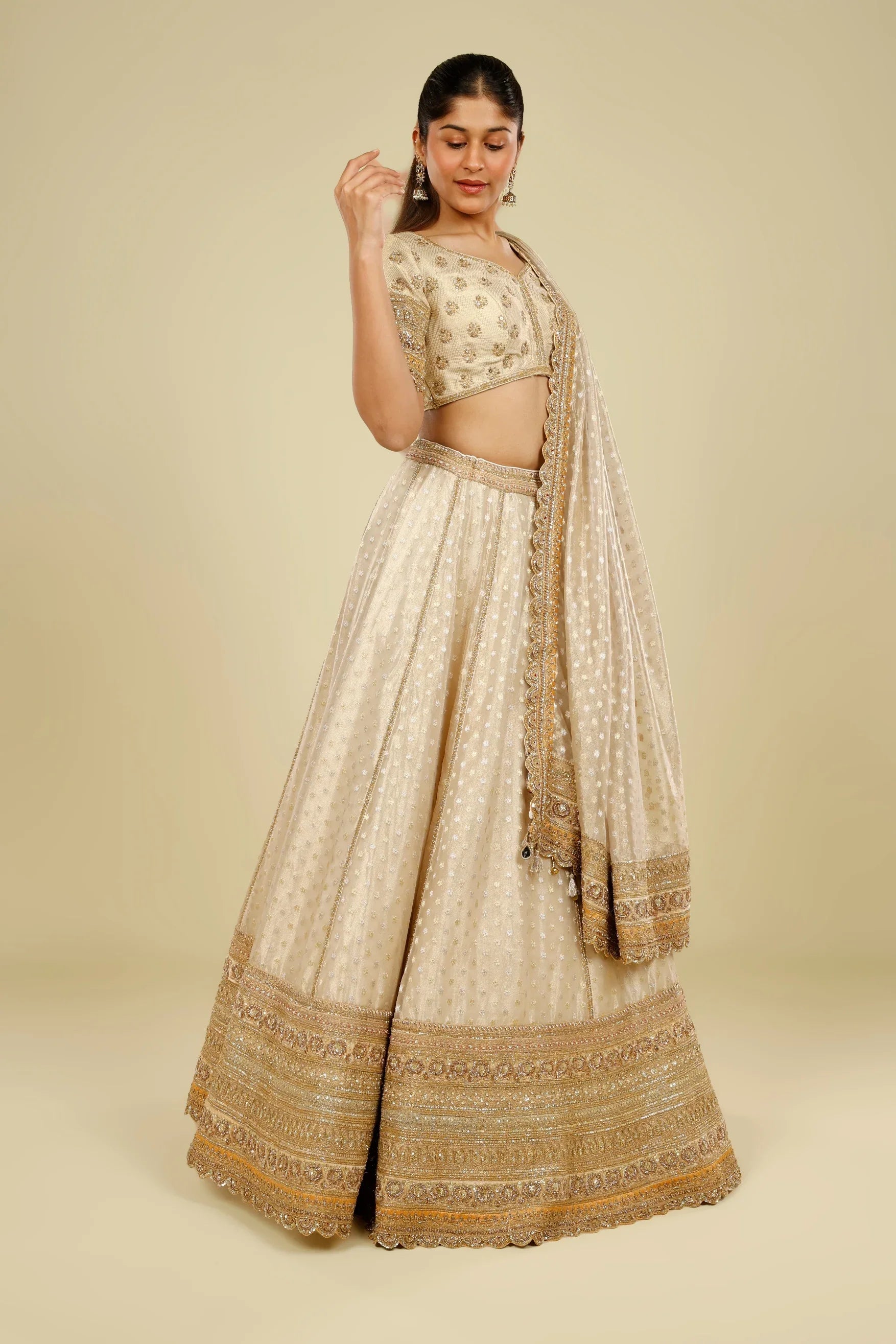 Ivory Banarasi Tissue Organza Lehenga Set with Zardozi, Zari & Sequin Embroidery - Mokshaa