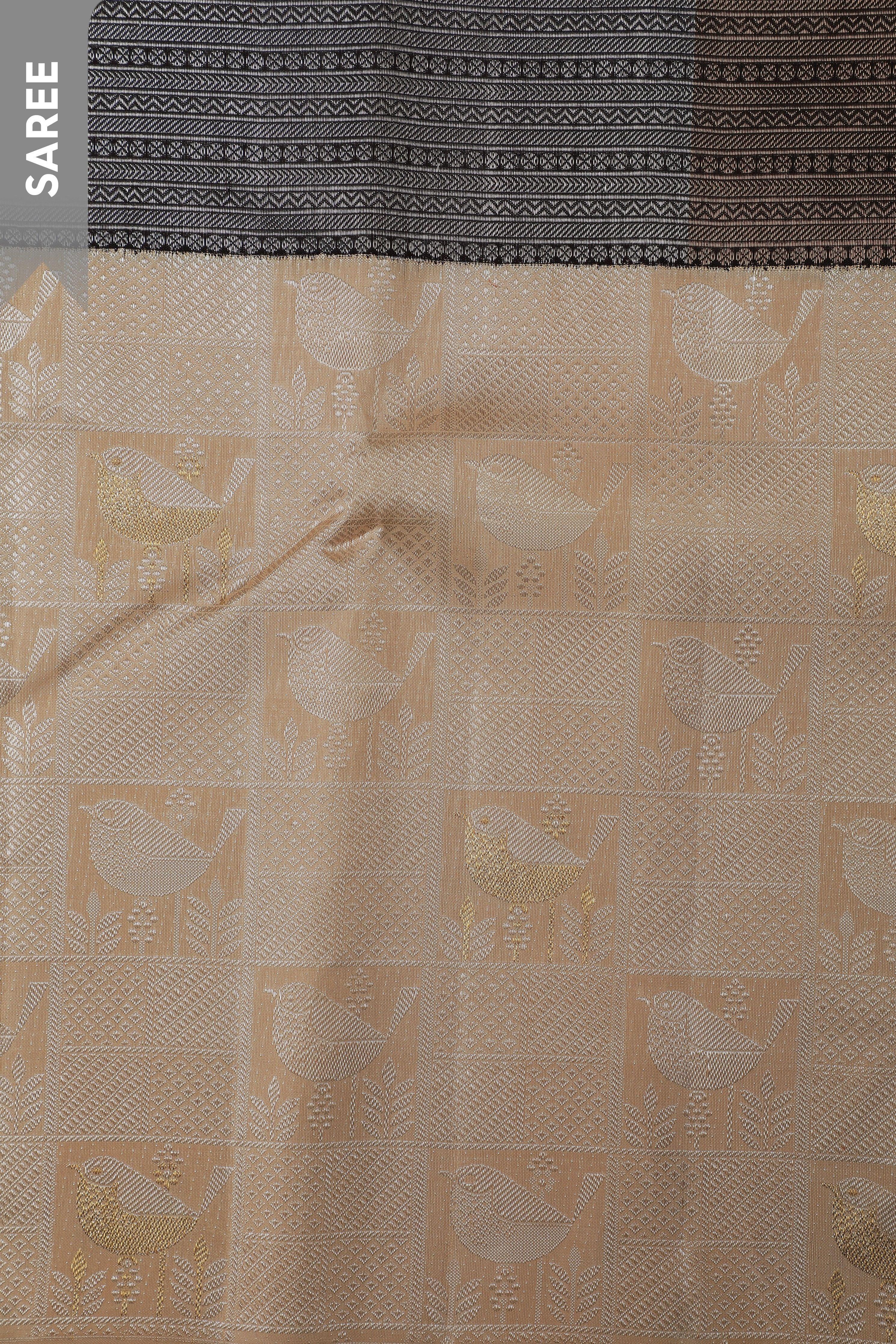 Black Kanchipuram Silk Saree with Geometric Zari and Cream Animal Border - Mokshaa