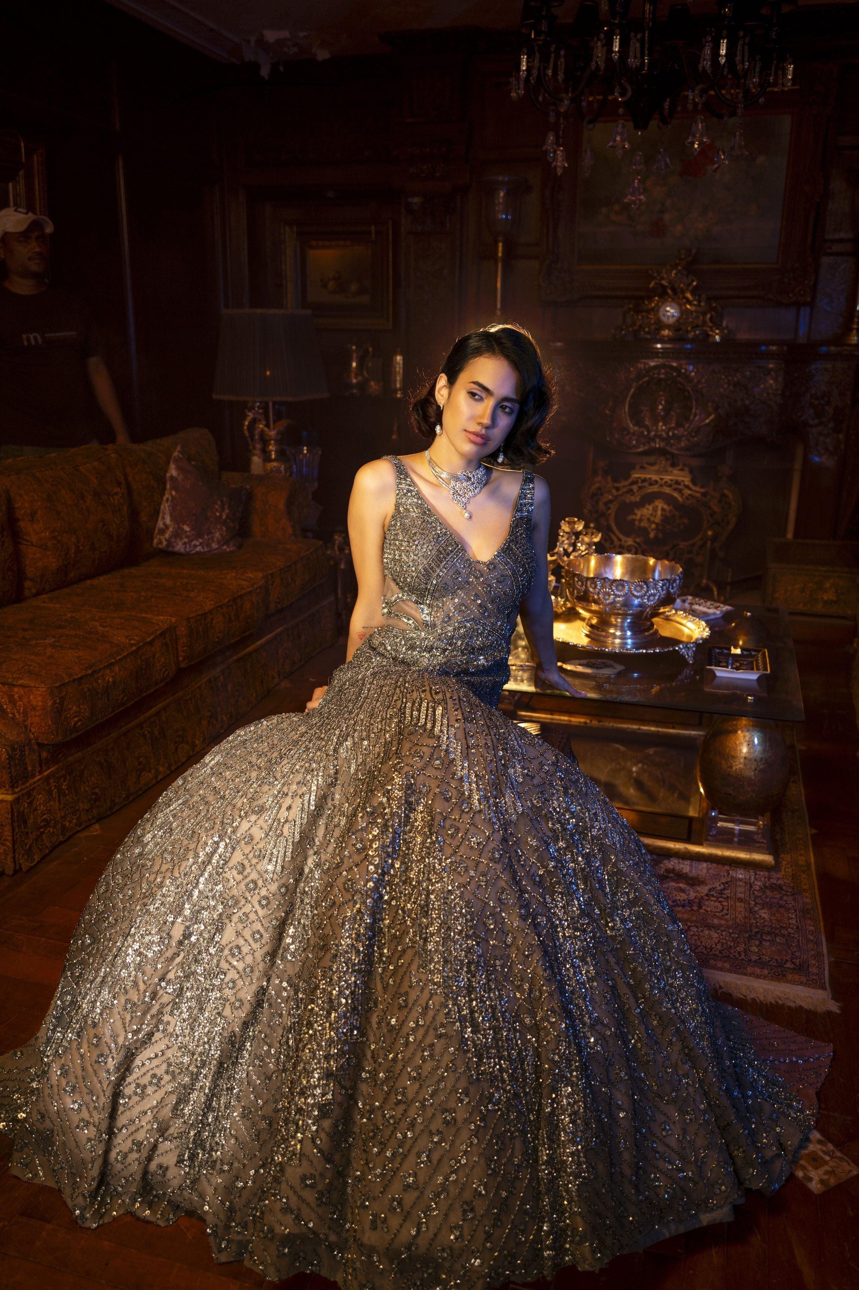 Copper Brown Gown With Antique Grey And Silver Sequins Work - Mokshaa