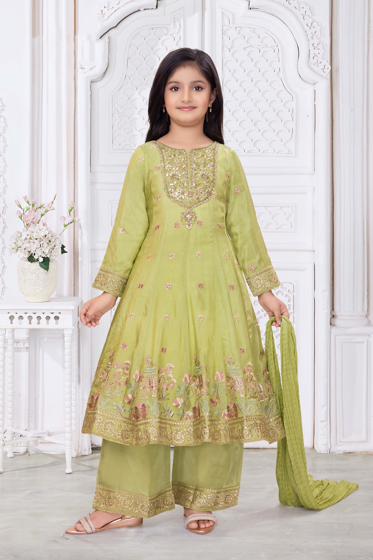 Green Shimmer Silk Anarkali Suit - Mokshaa