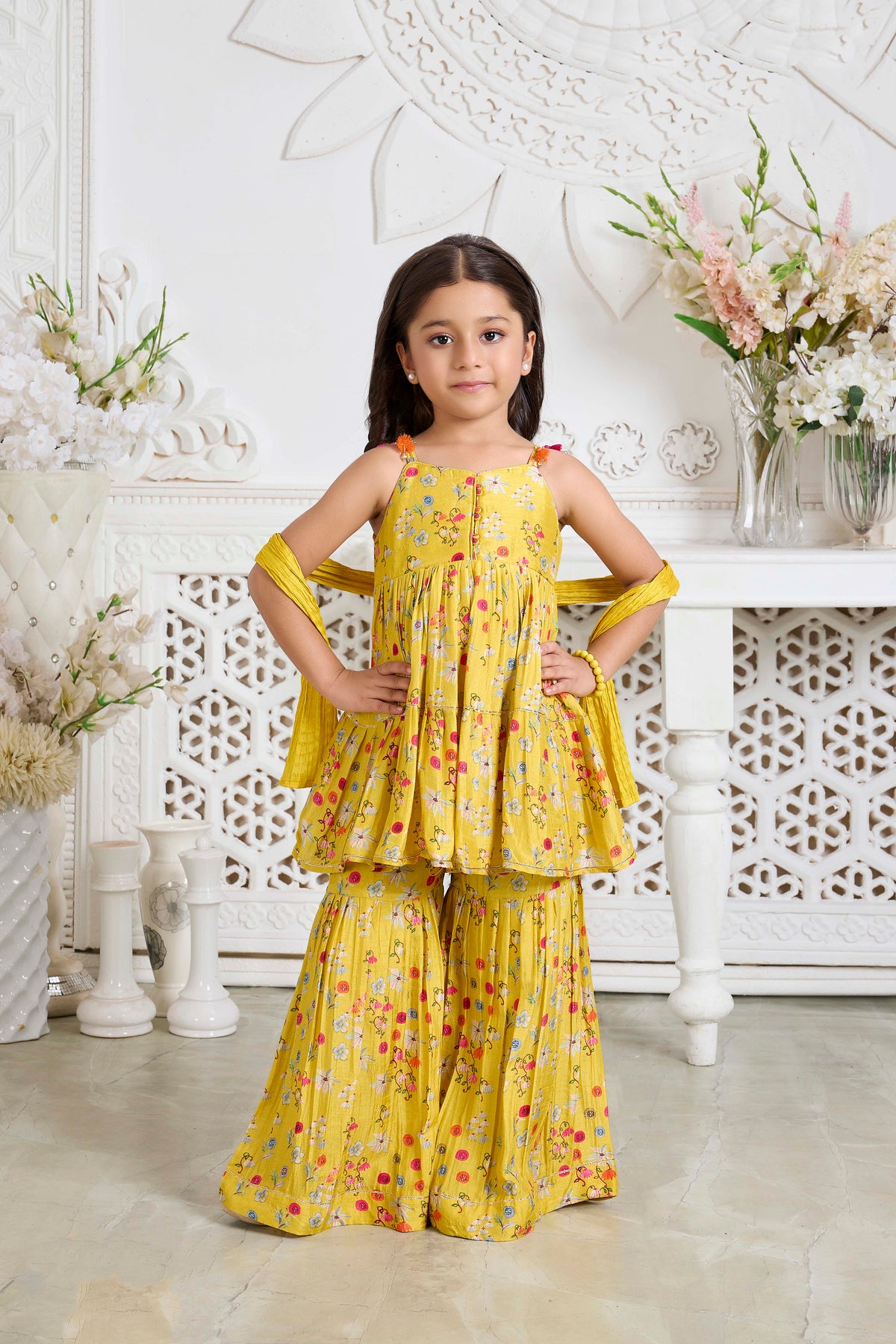 Mustard Floral Print Georgette Sharara Set - Mokshaa