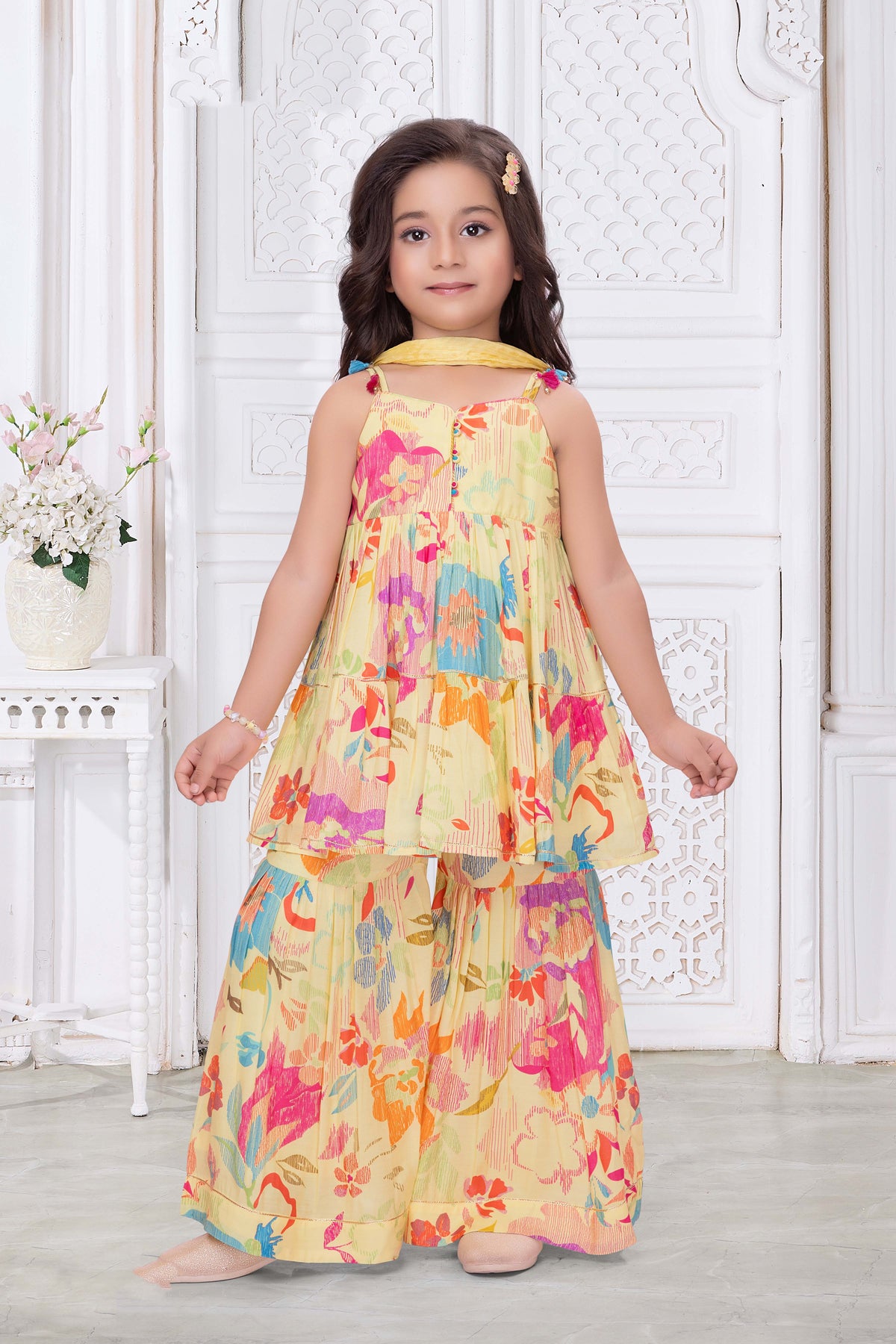 Yellow Multicolor Floral Crepe Sharara Set - Mokshaa