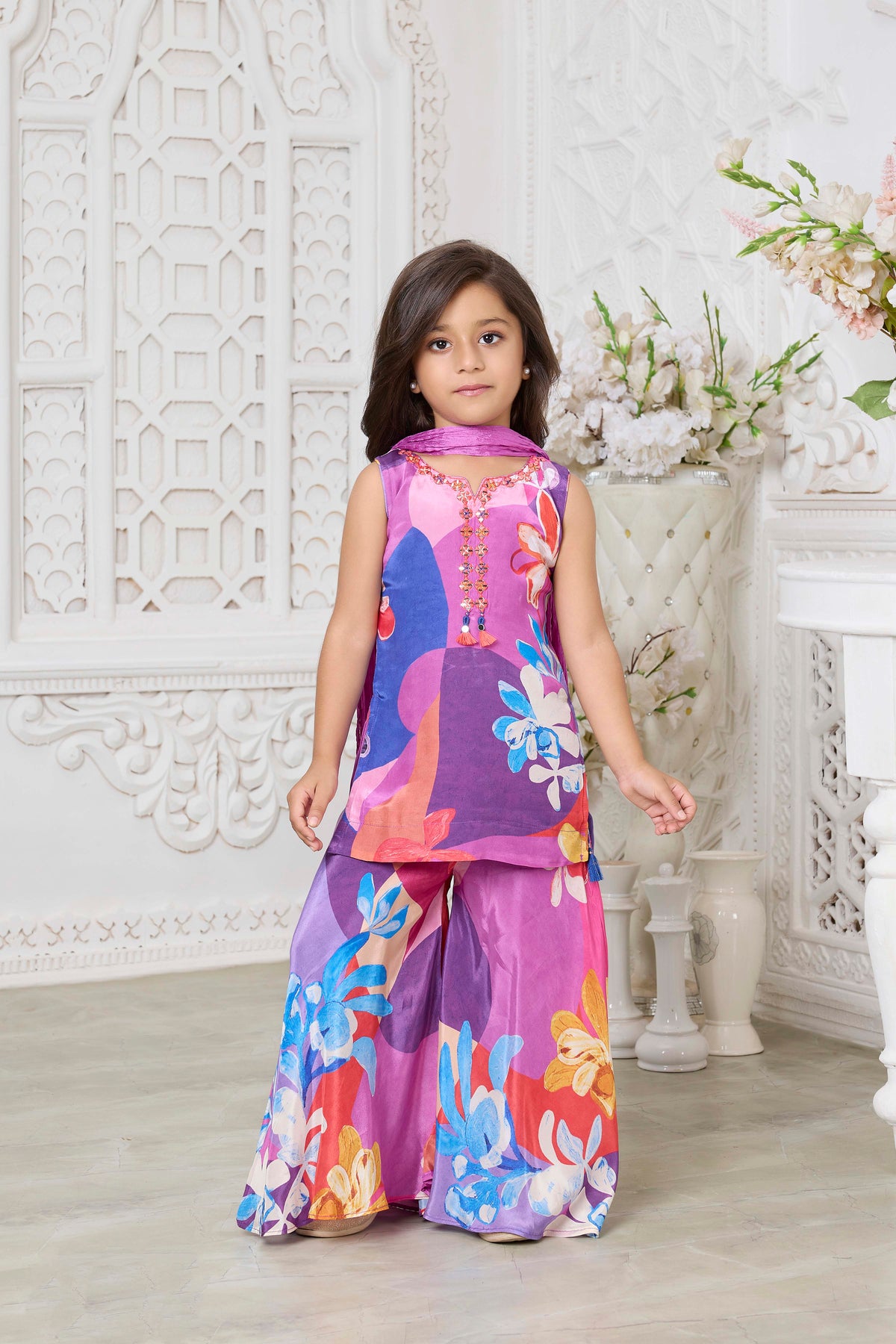 Purple Multicolor Floral Crepe Sharara Set - Mokshaa