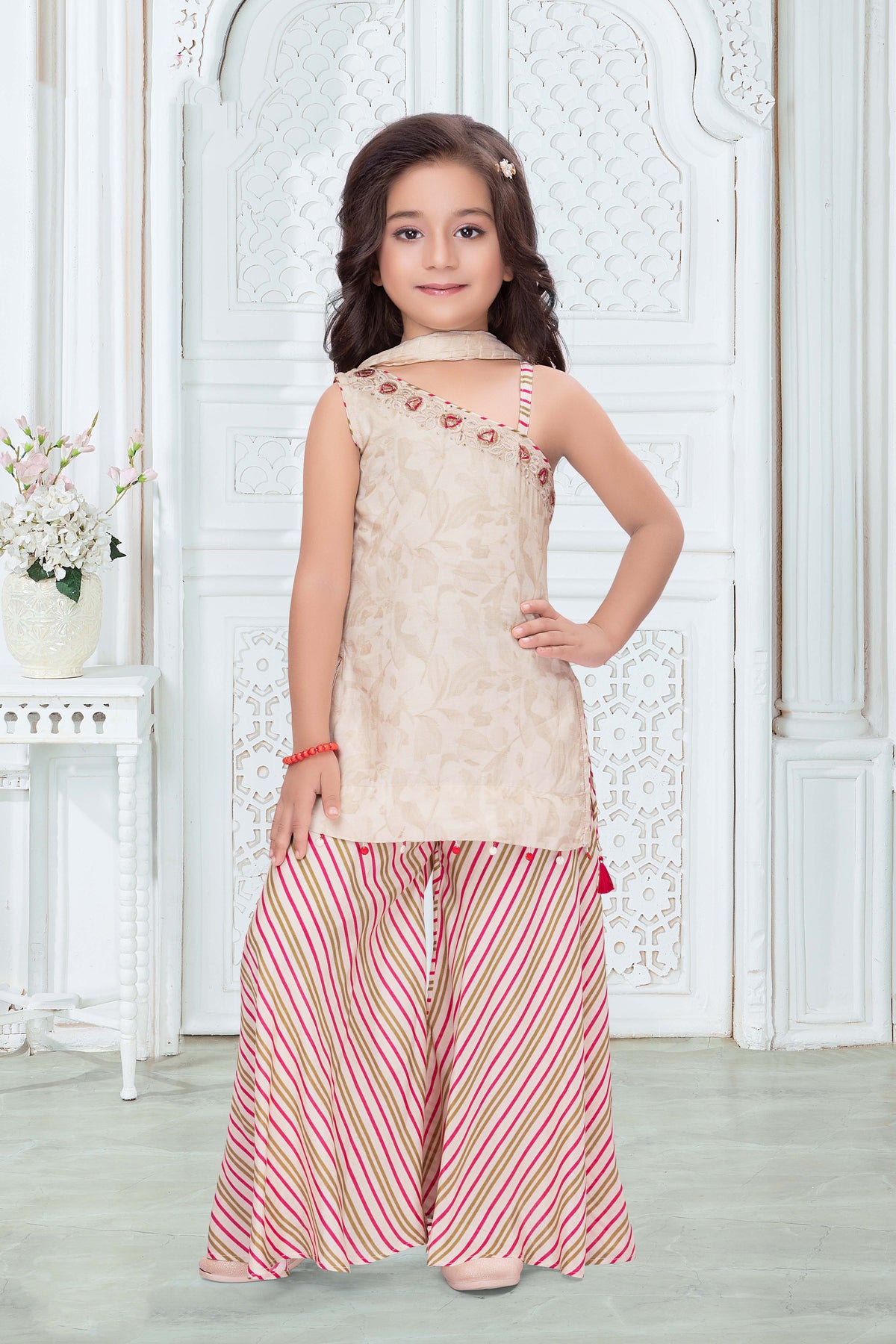 Cream Striped Sharara Set - Mokshaa