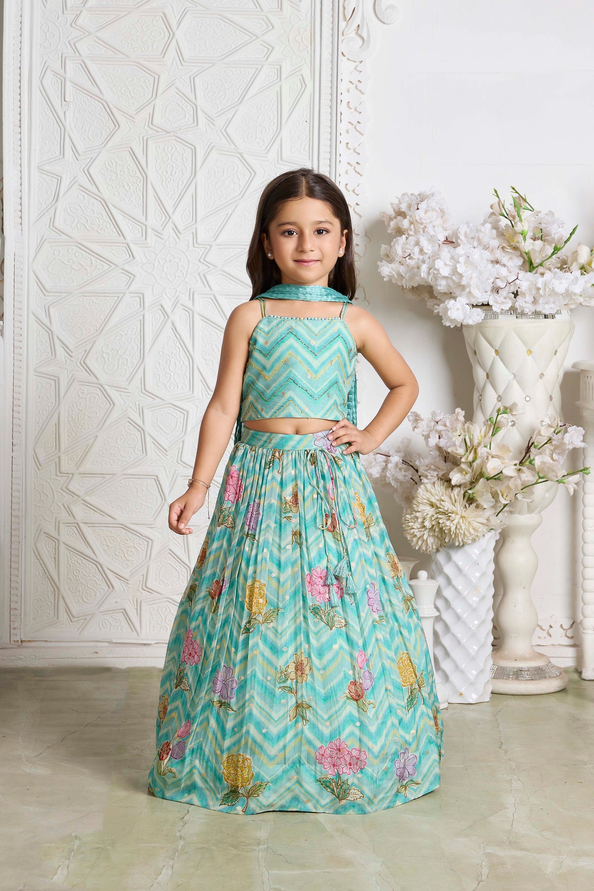 Sea Green Chevron Floral Print Lehenga - Mokshaa