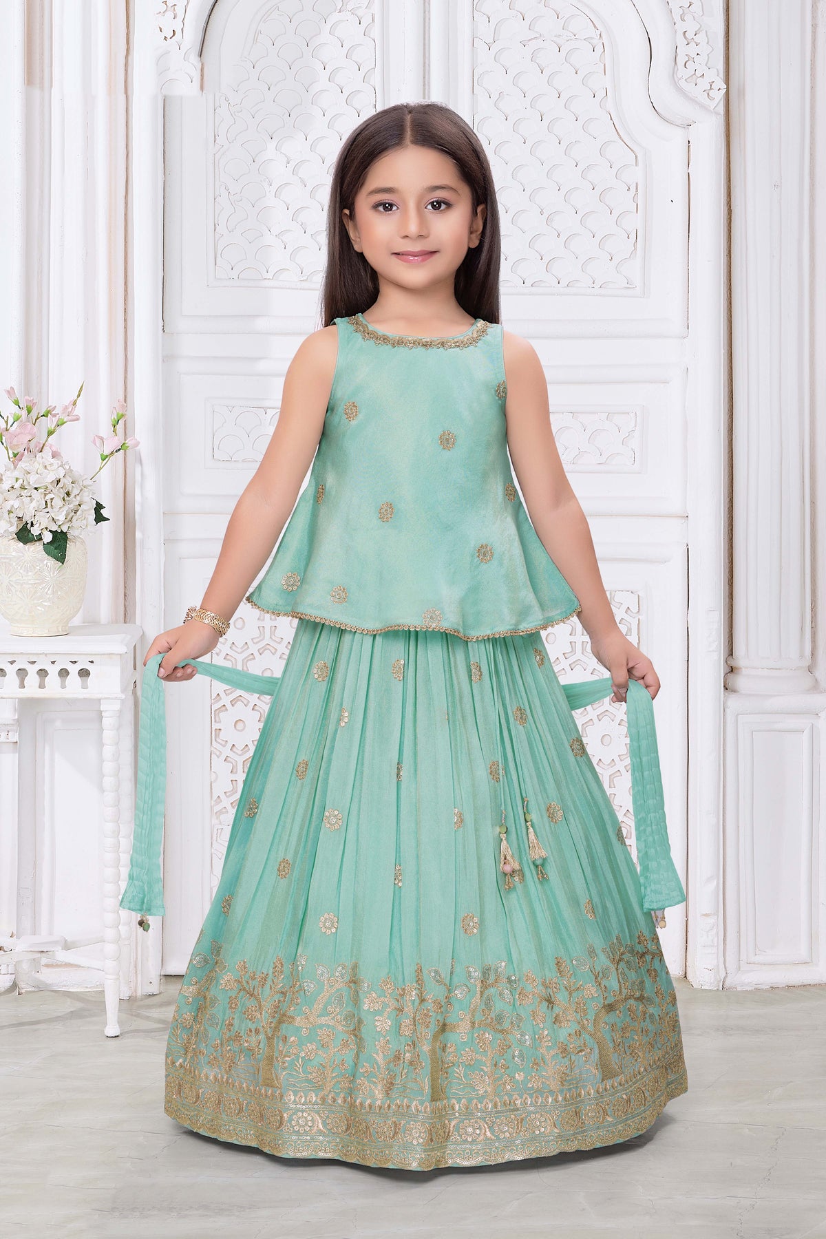 Aqua Green Shimmer Tissue Lehenga - Mokshaa