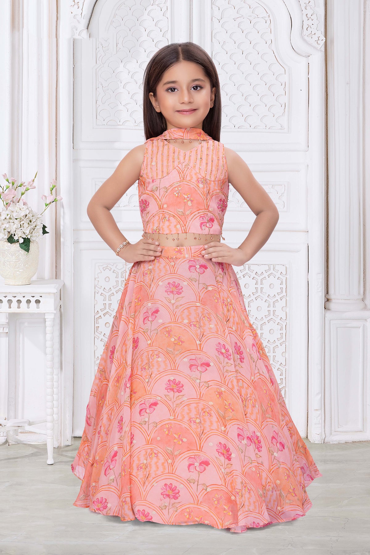 Peach Organza Floral Print Lehenga - Mokshaa