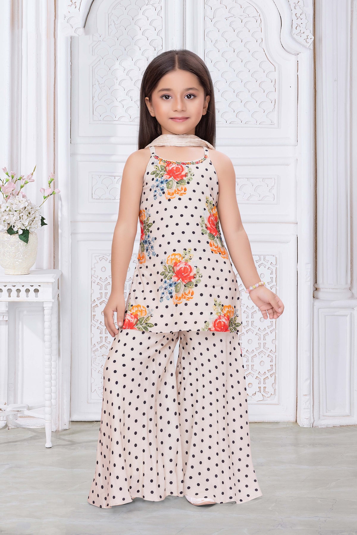 Cream Polka Dot Floral Crepe Palazzo Set - Mokshaa