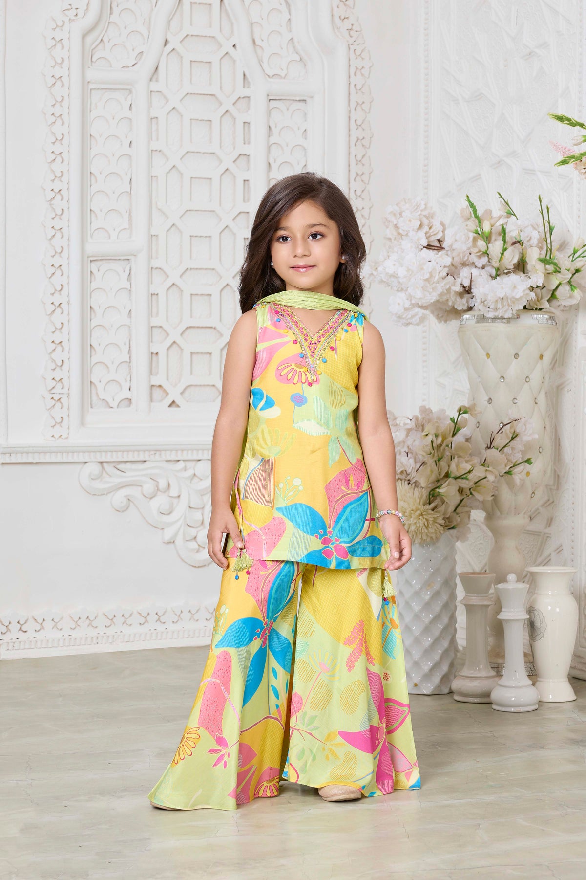 Green Multicolor Floral Crepe Sharara Set - Mokshaa