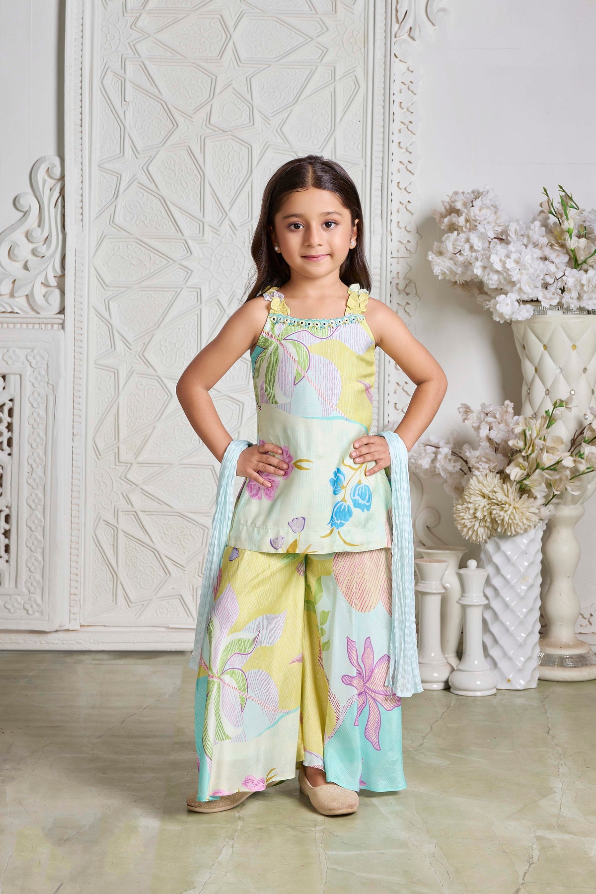 Aqua Multicolor Floral Print Crepe Palazzo Set - Mokshaa