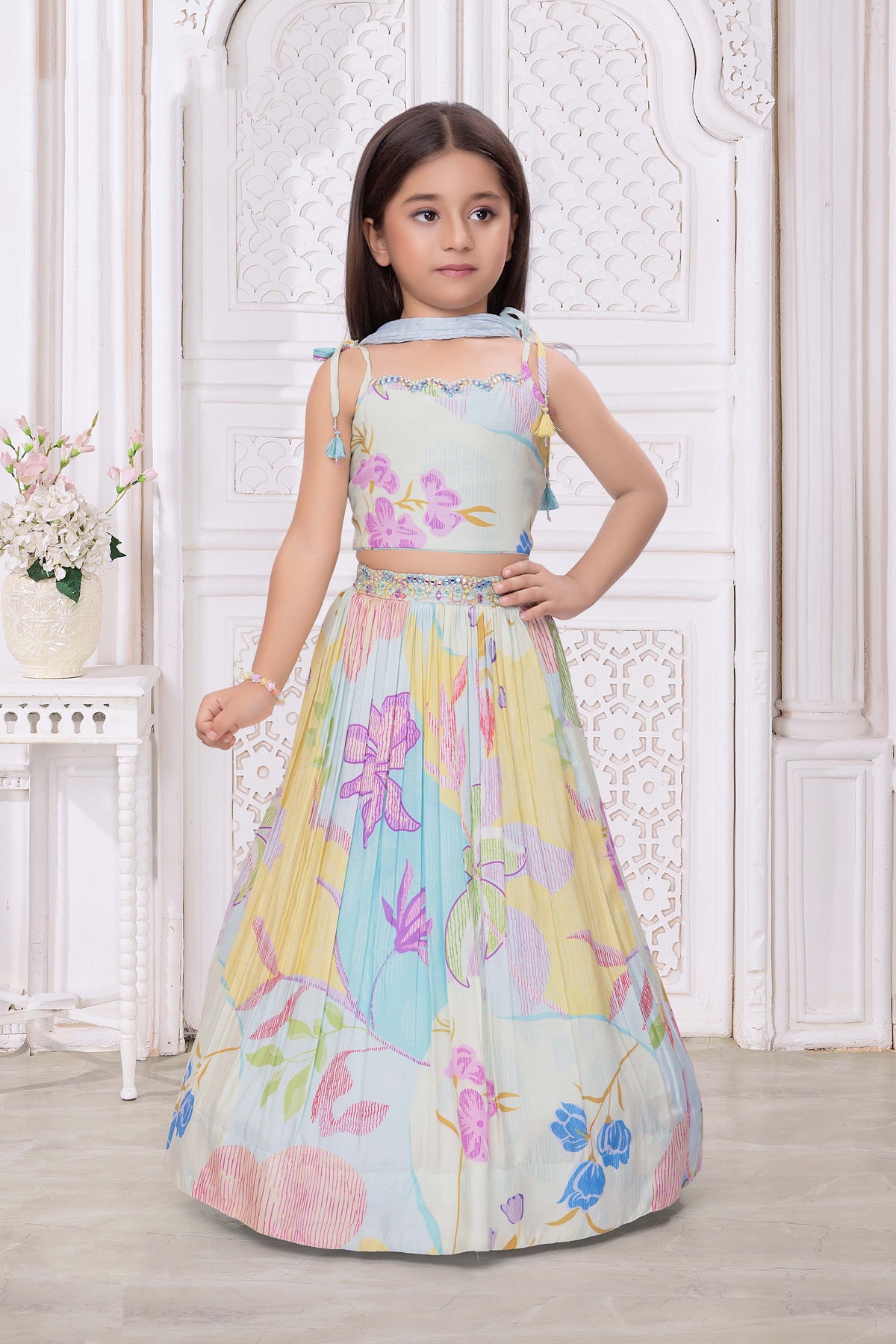 Blue Multicolor Floral Print Crepe Lehenga - Mokshaa