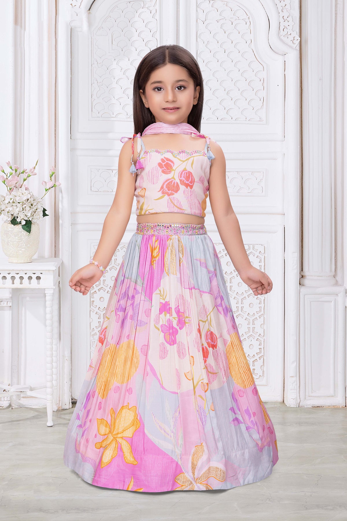 Pink Multicolor Floral Print Crepe Lehenga - Mokshaa