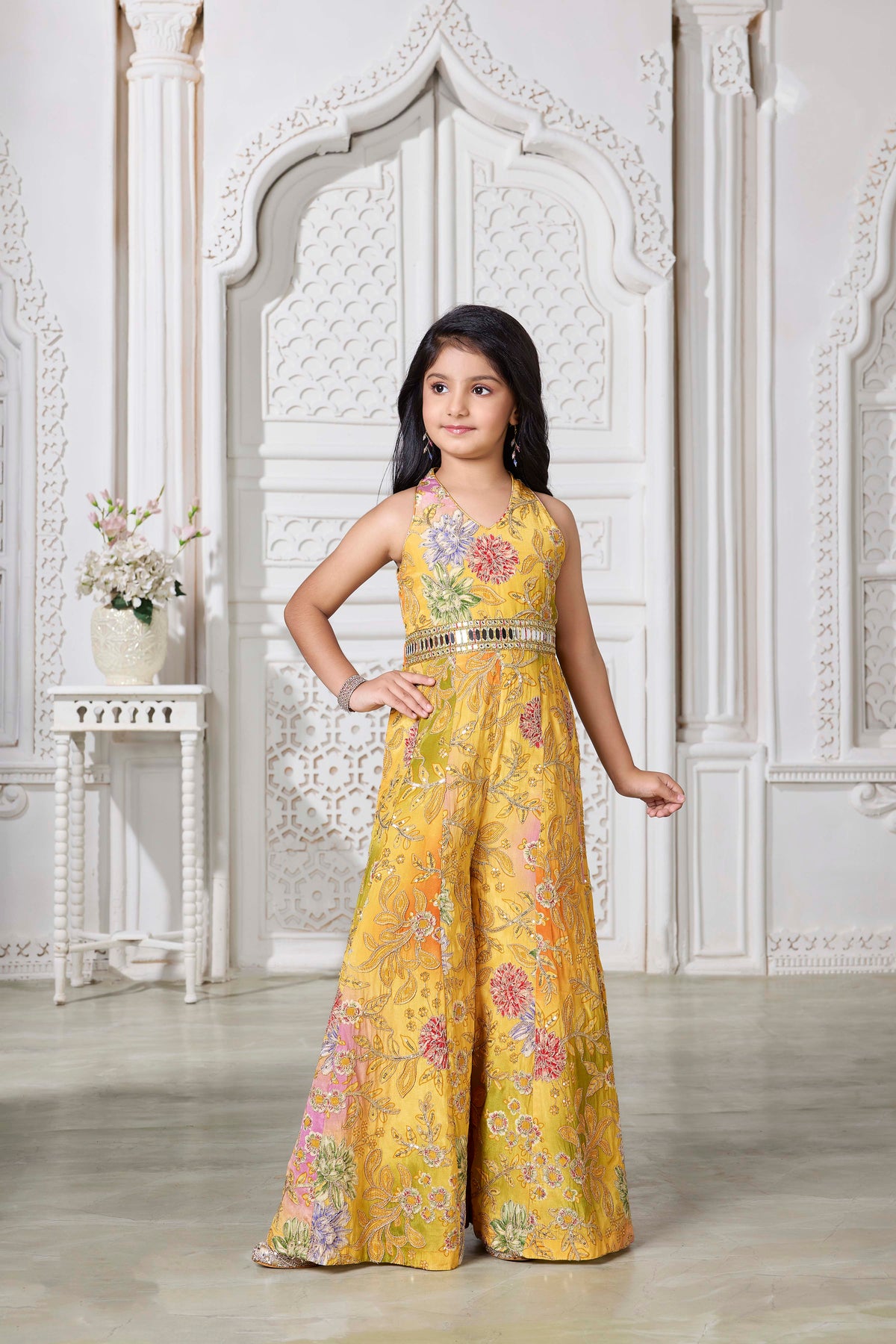 Mustard Floral Embroidered Jumpsuit - Mokshaa