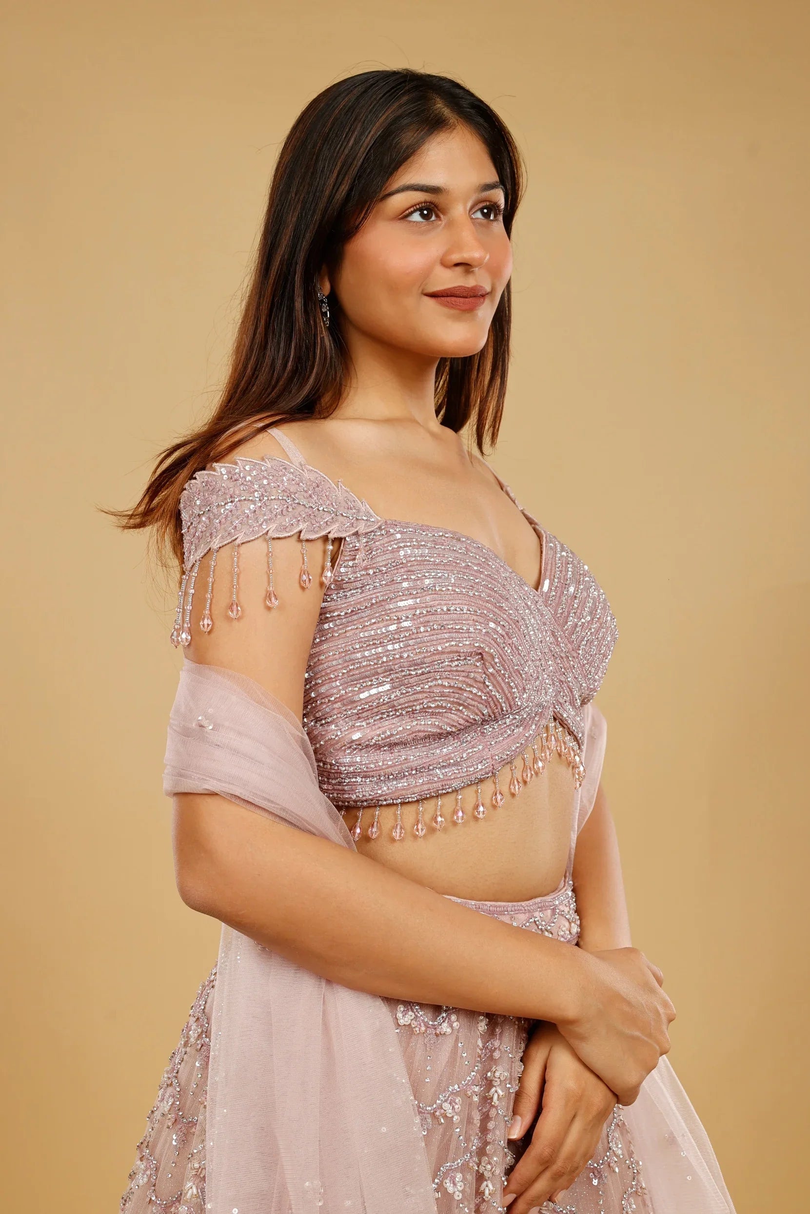 Mauve Net Lehenga Set with Sequin, Pearl & Cutdana Embroidery - Mokshaa