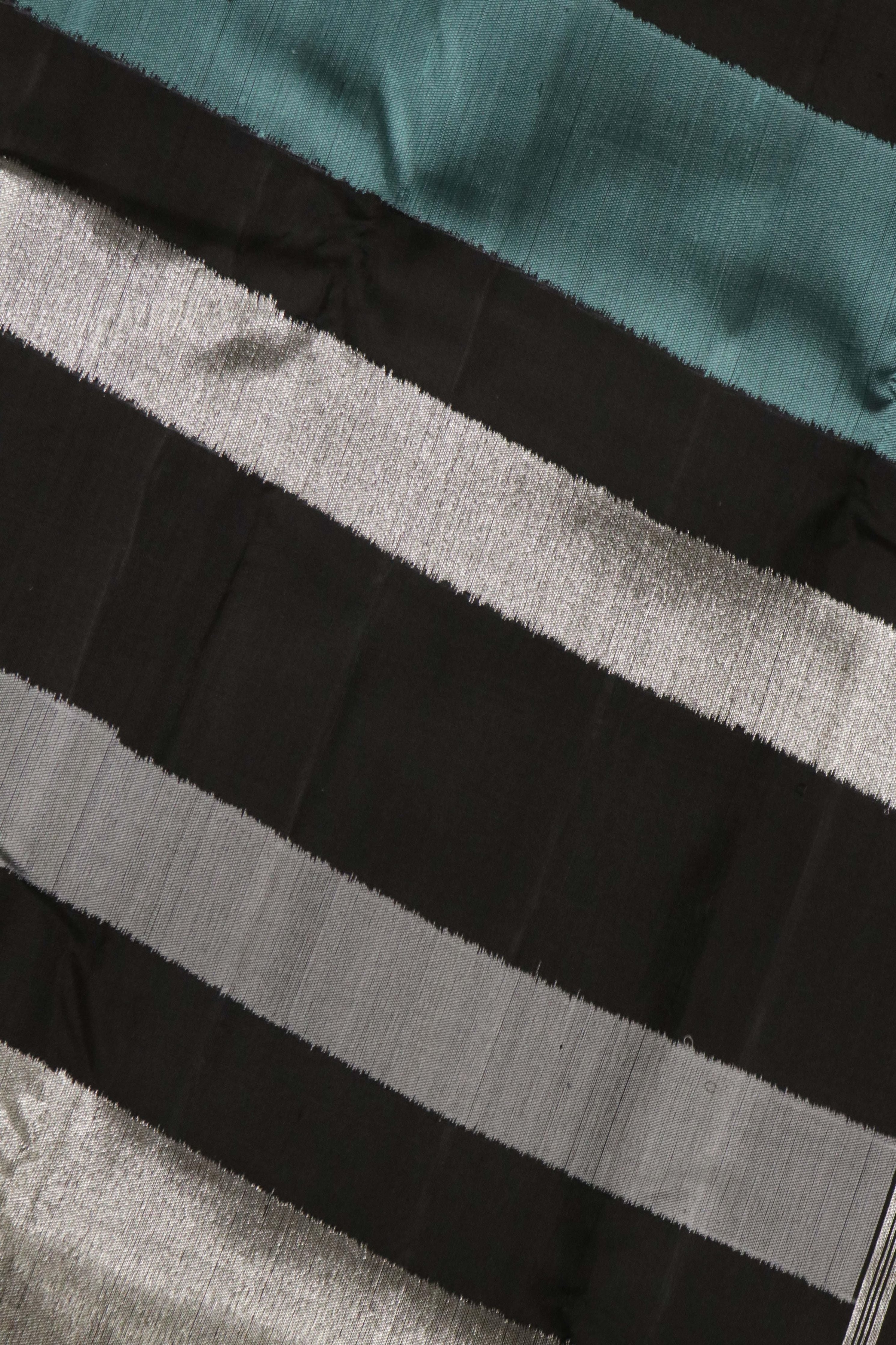Black Kanchipuram Silk Saree with Silver & Blue Thread Striped Weaving - Mokshaa