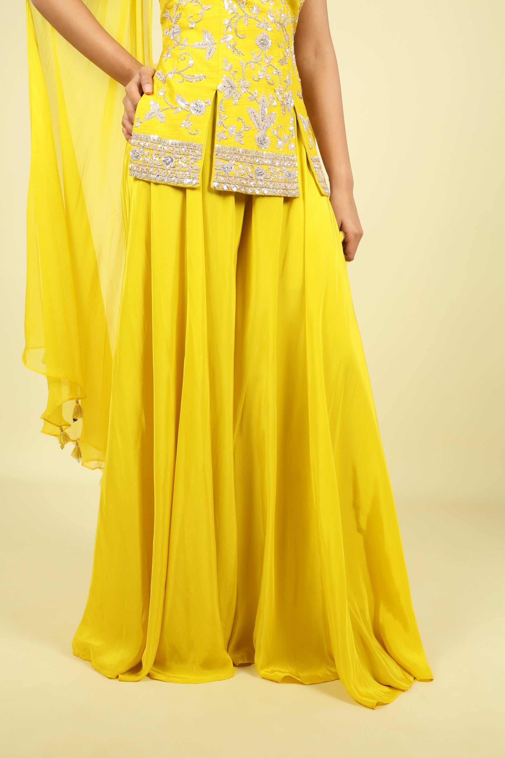 Yellow Silk Embroidered Palazzo Set with Organza Choker Dupatta - Mokshaa