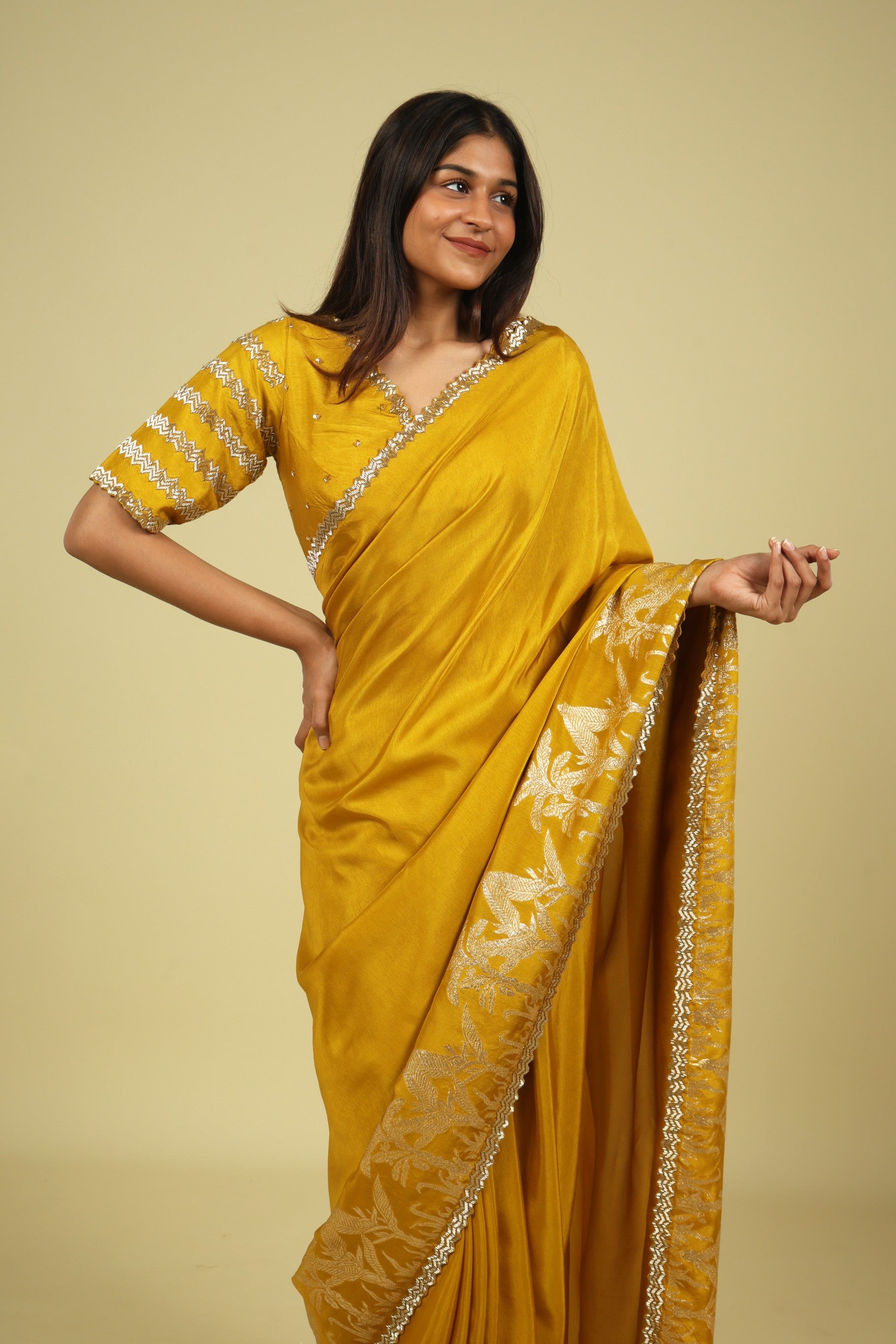 Mustard Tussar Georgette Saree - Mokshaa