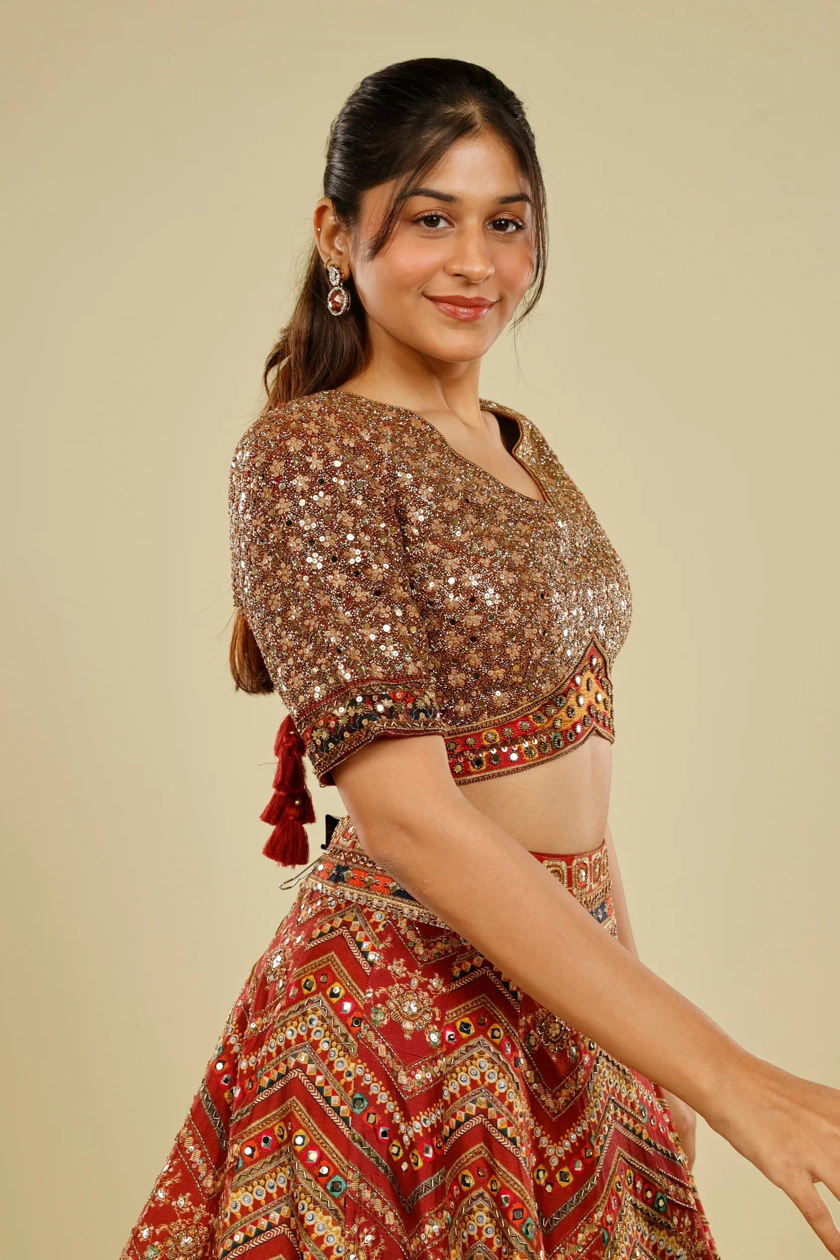 Rust Printed Silk Lehenga Set with Sequin & Kutdana Embroidery - Mokshaa