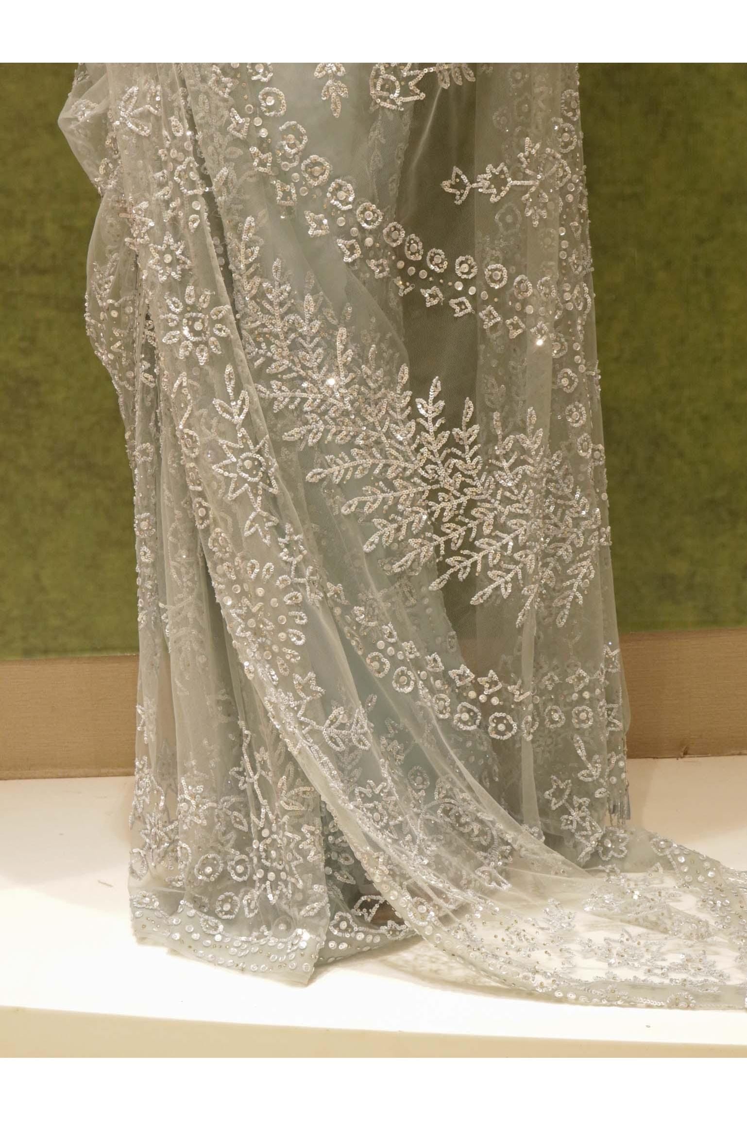 Ice Blue Net Saree with All-Over Sequins & Stone Work - Mokshaa