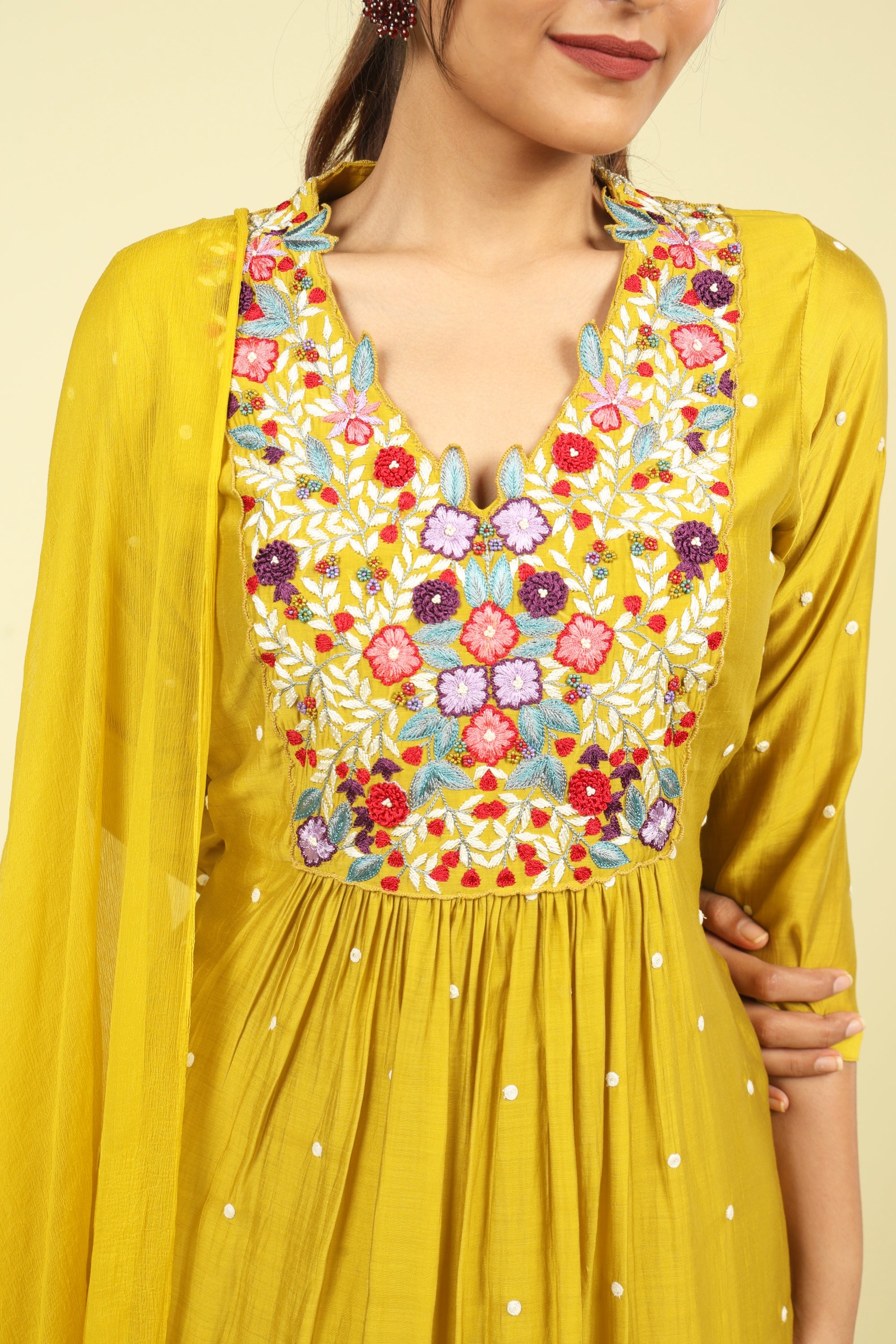 Yellow Mul Chanderi Straight Cut Salwar Set - Mokshaa