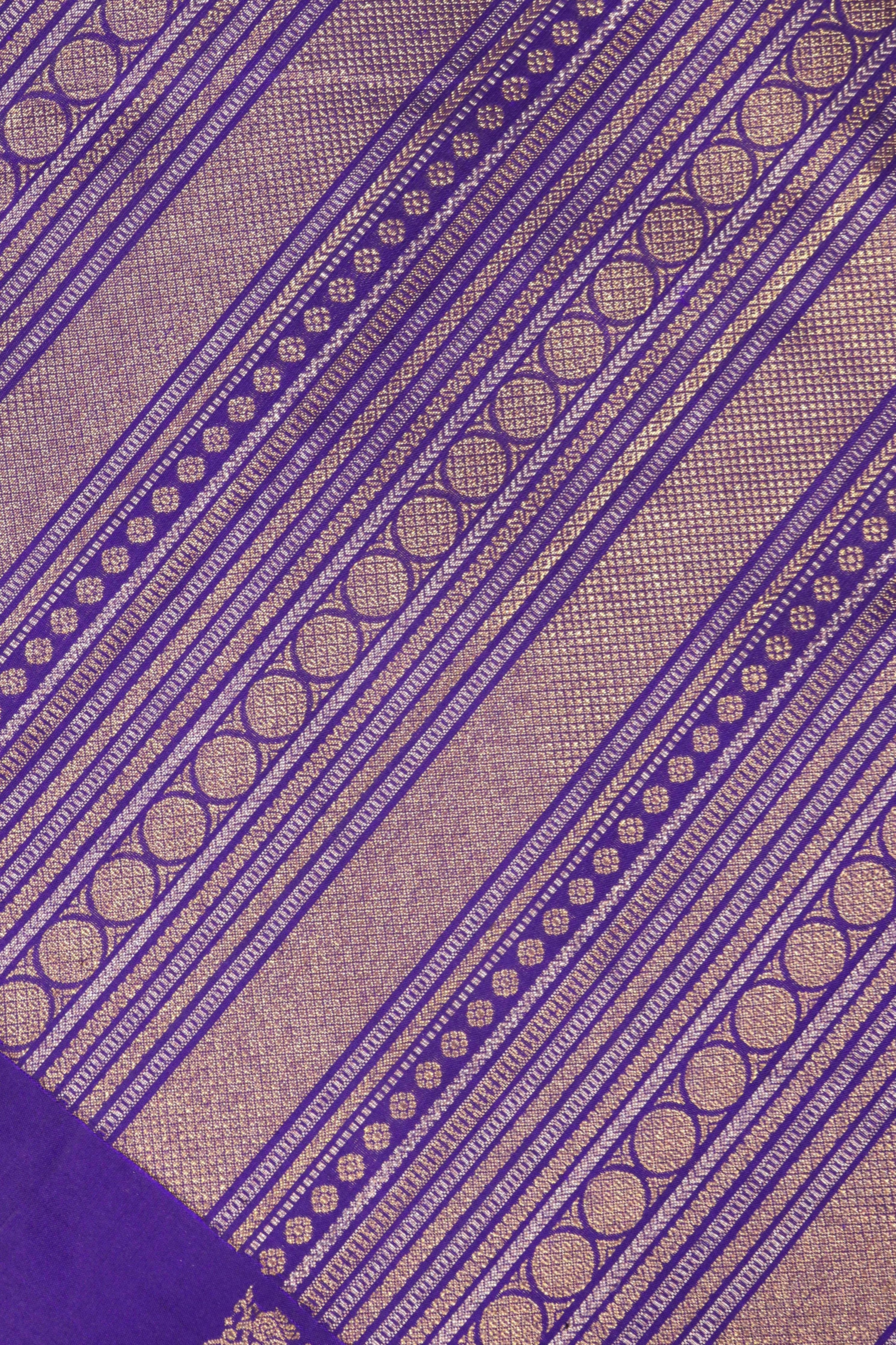 Blue Kanchipuram Silk Saree with Gold & Silver Geometrical Weaving and Zari Motif Border - Mokshaa