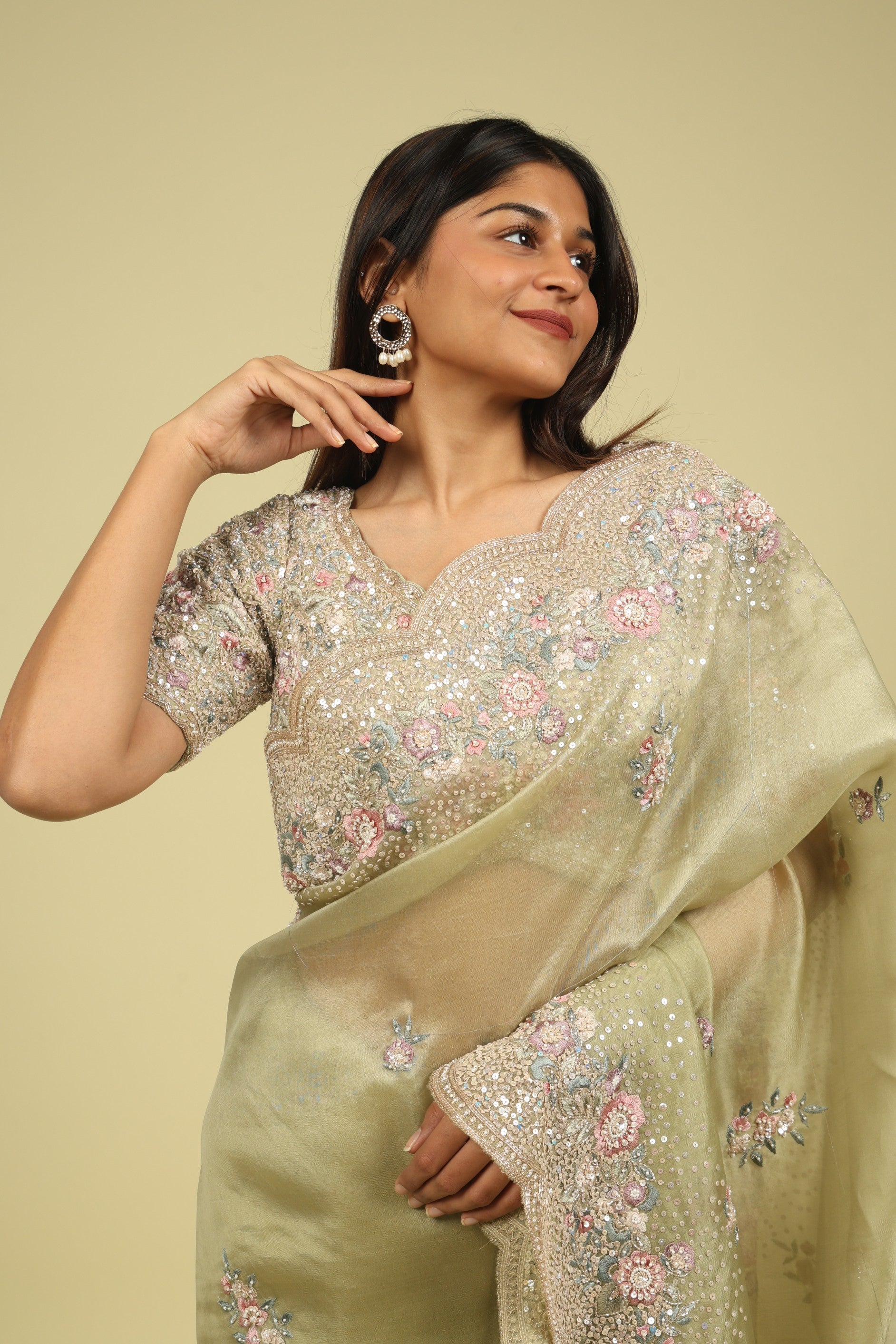 Light Green Organza Saree with Sequin & Thread Embroidery Motifs - Mokshaa