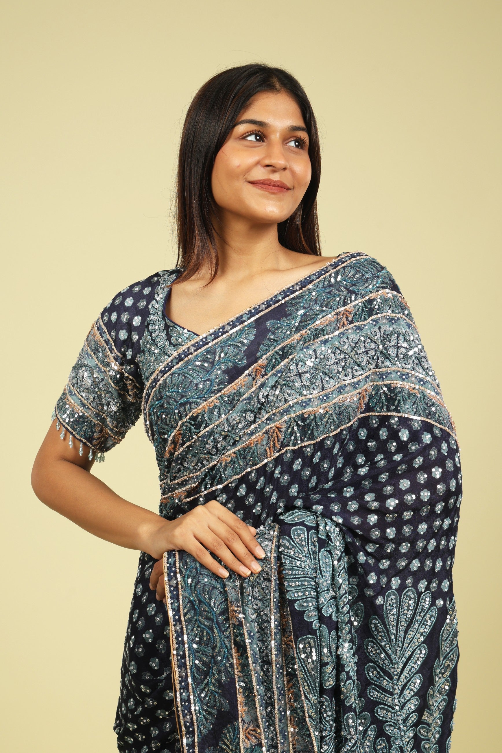 Dark Blue Soft Georgette Saree with All-Over Fancy Sequin Highlights - Mokshaa
