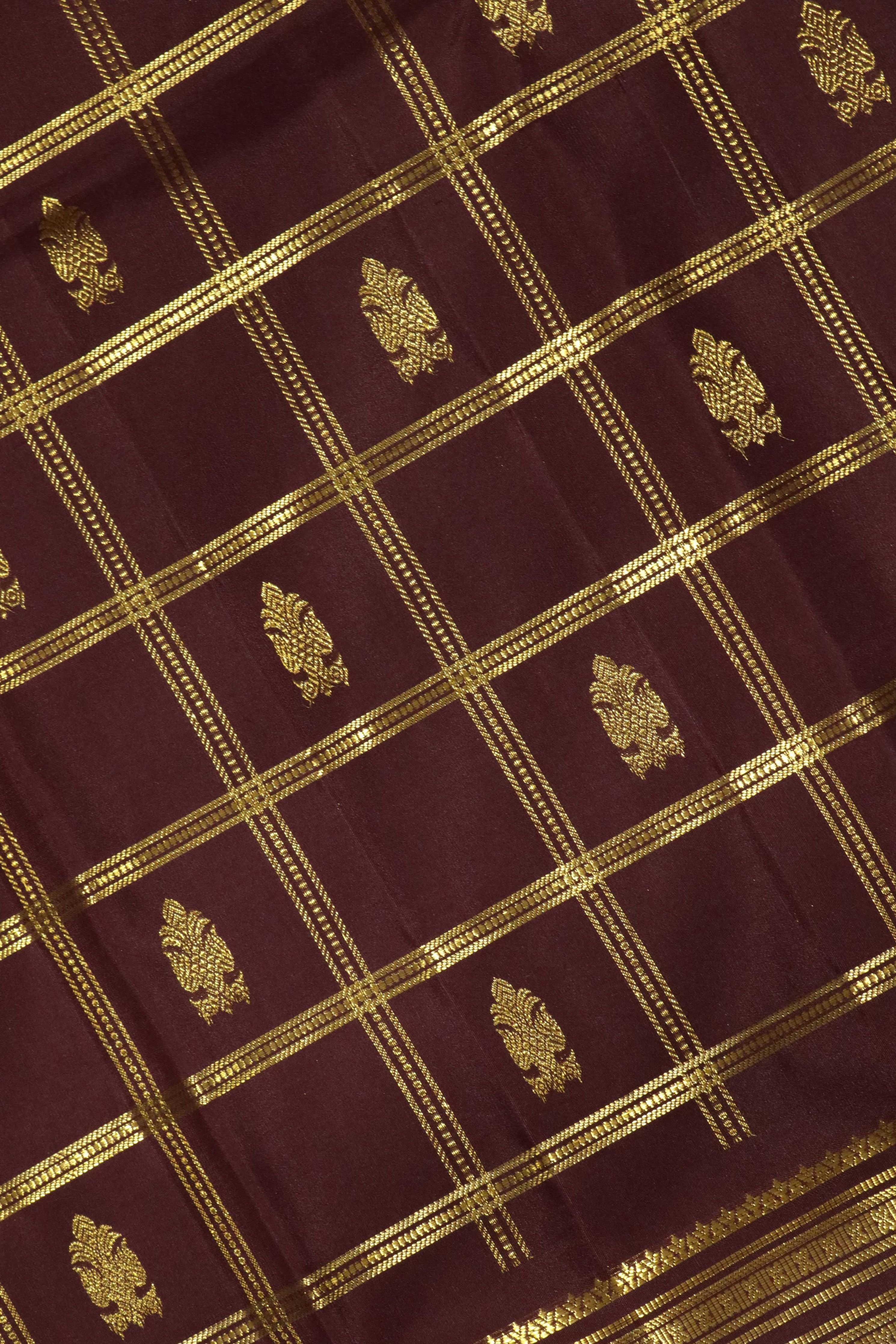 Dark Brown Kanchipuram Silk Saree with Zari Checks, Motifs & Long Zari Border - Mokshaa