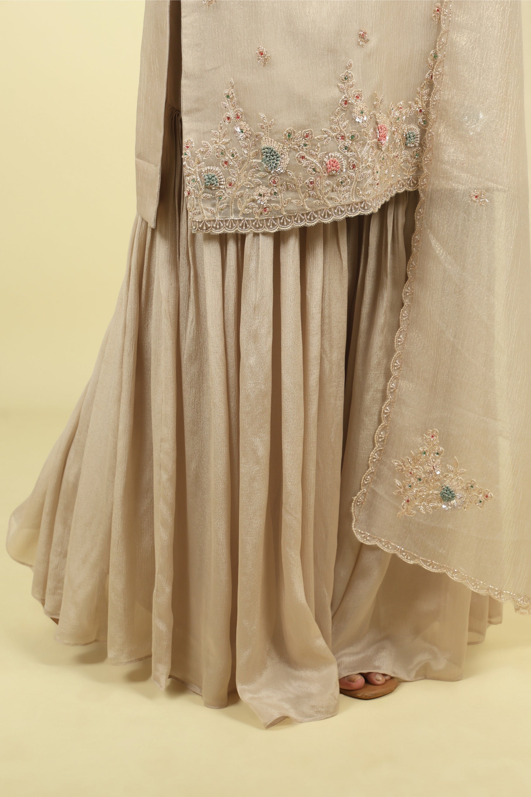 Beige Embroidered Crush Tissue Sharara Set - Mokshaa