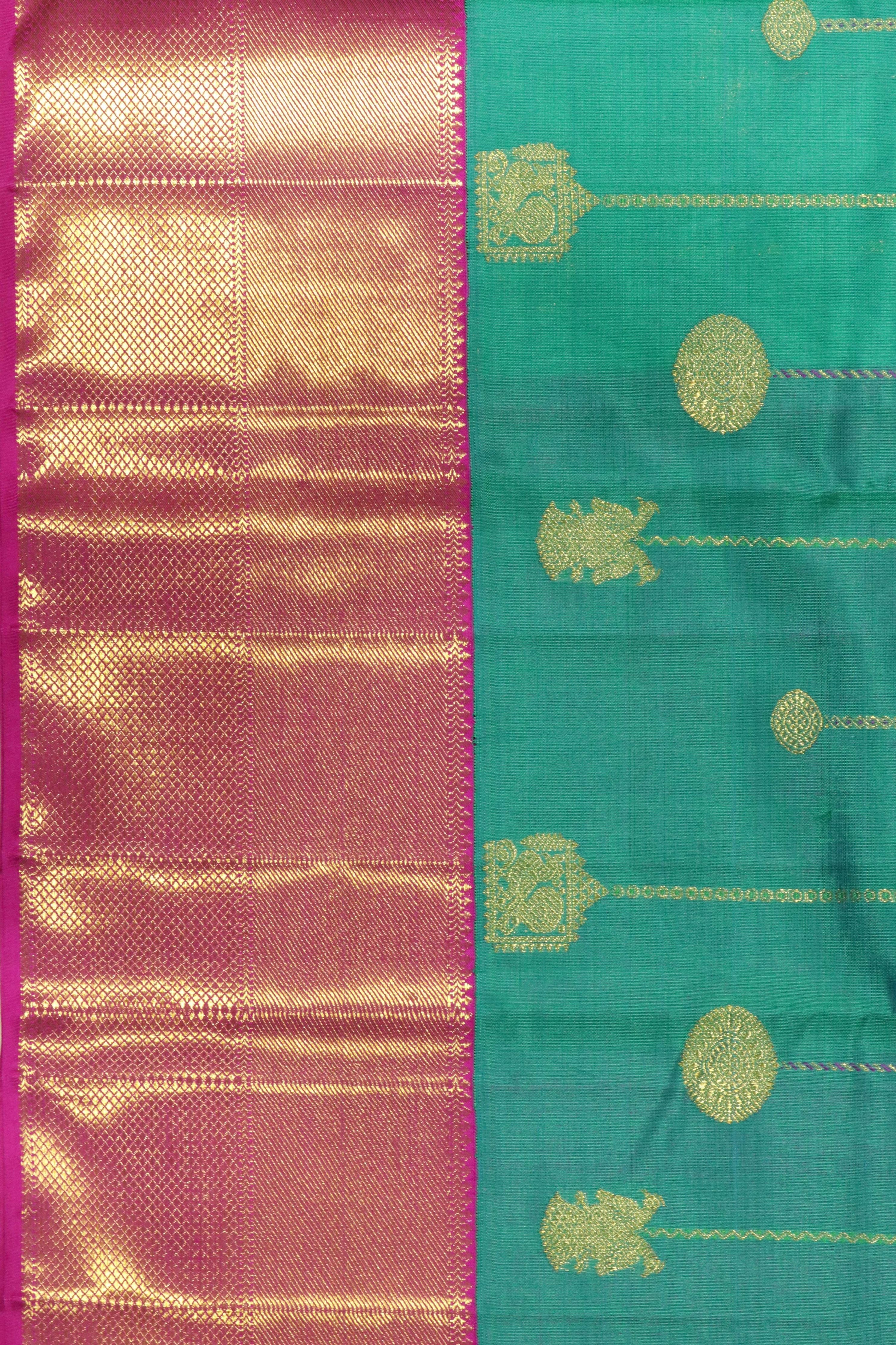 Turquoise Blue Kanchipuram Silk Saree with Zari Stripes, Buttas & Contrast Border - Mokshaa