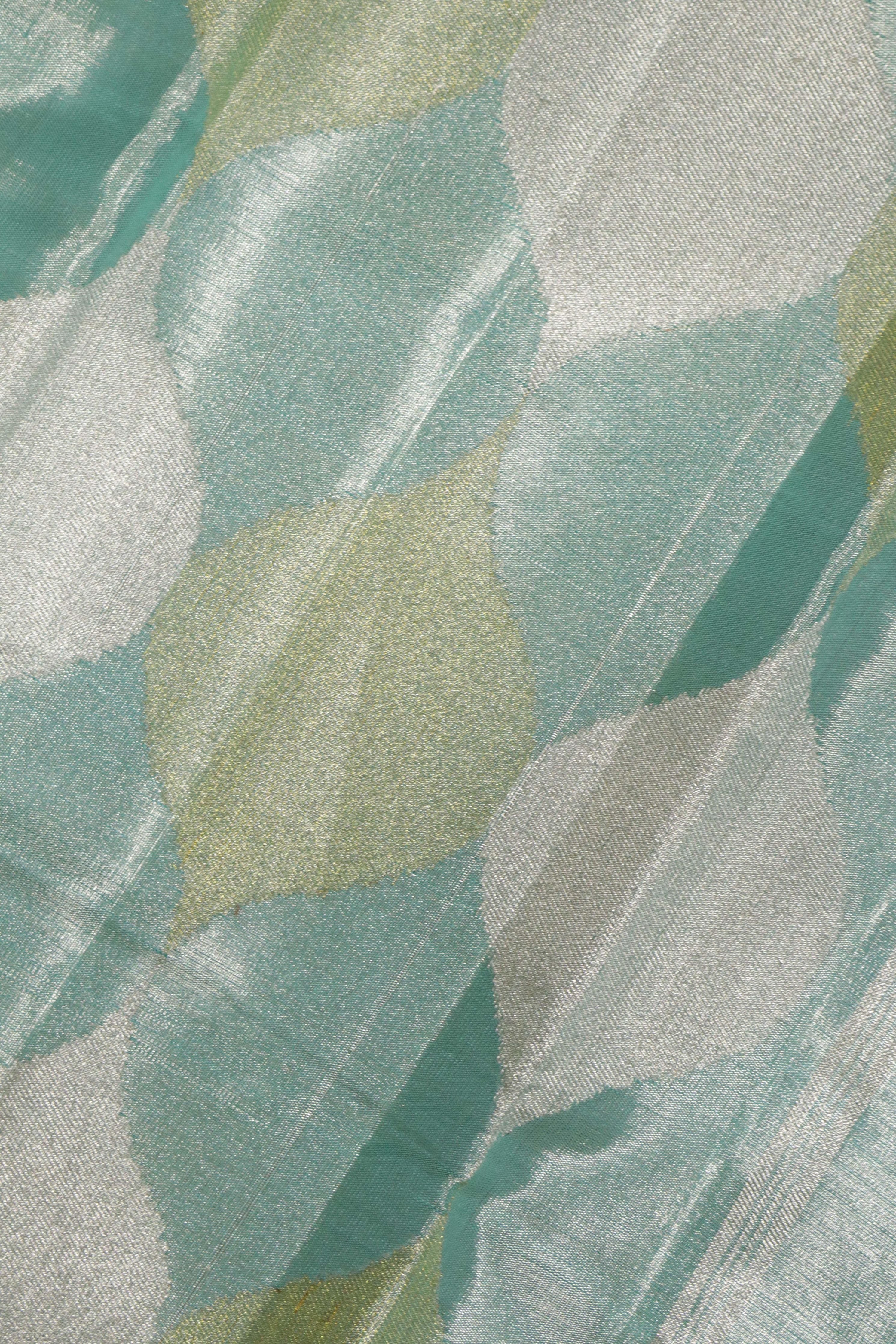 Ice Blue Kanchipuram Tissue Saree with Silver & Gold Jaal Motifs and Self Zari Border - Mokshaa