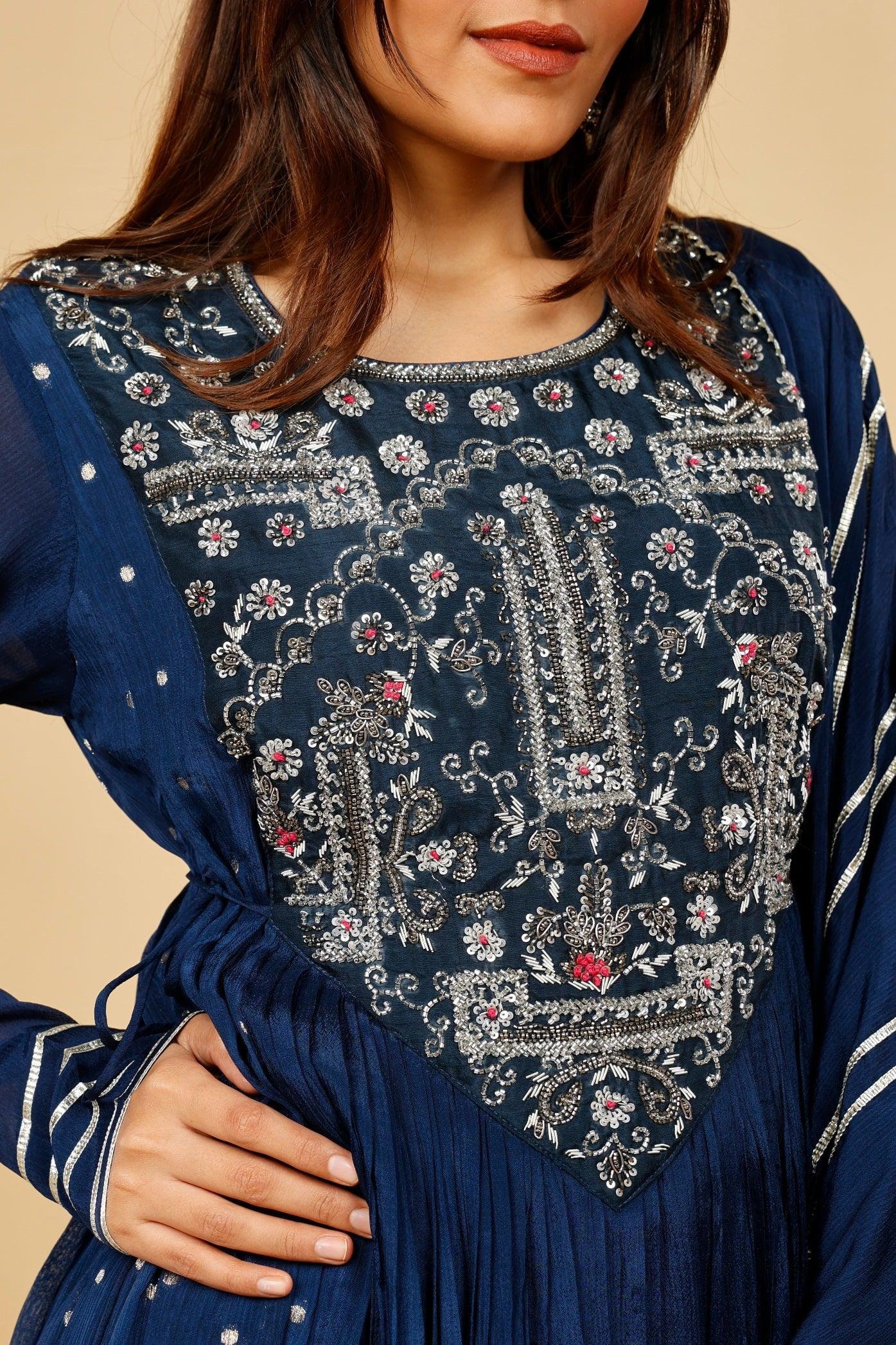 Midnight Blue Silk Anarkali Set with Gota & Kutdana Embroidery - Mokshaa